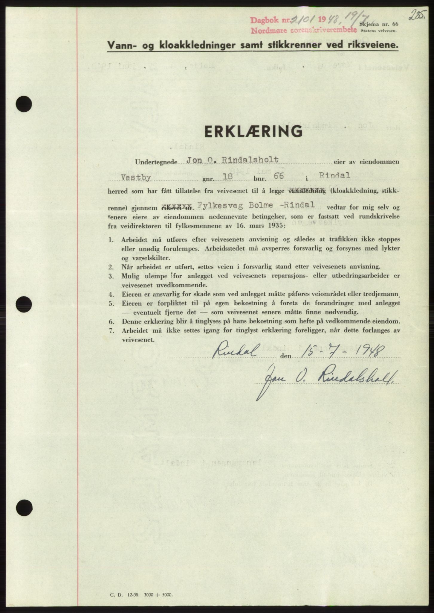 Nordmøre sorenskriveri, SAT/A-4132/1/2/2Ca: Pantebok nr. B99, 1948-1948, Dagboknr: 2101/1948
