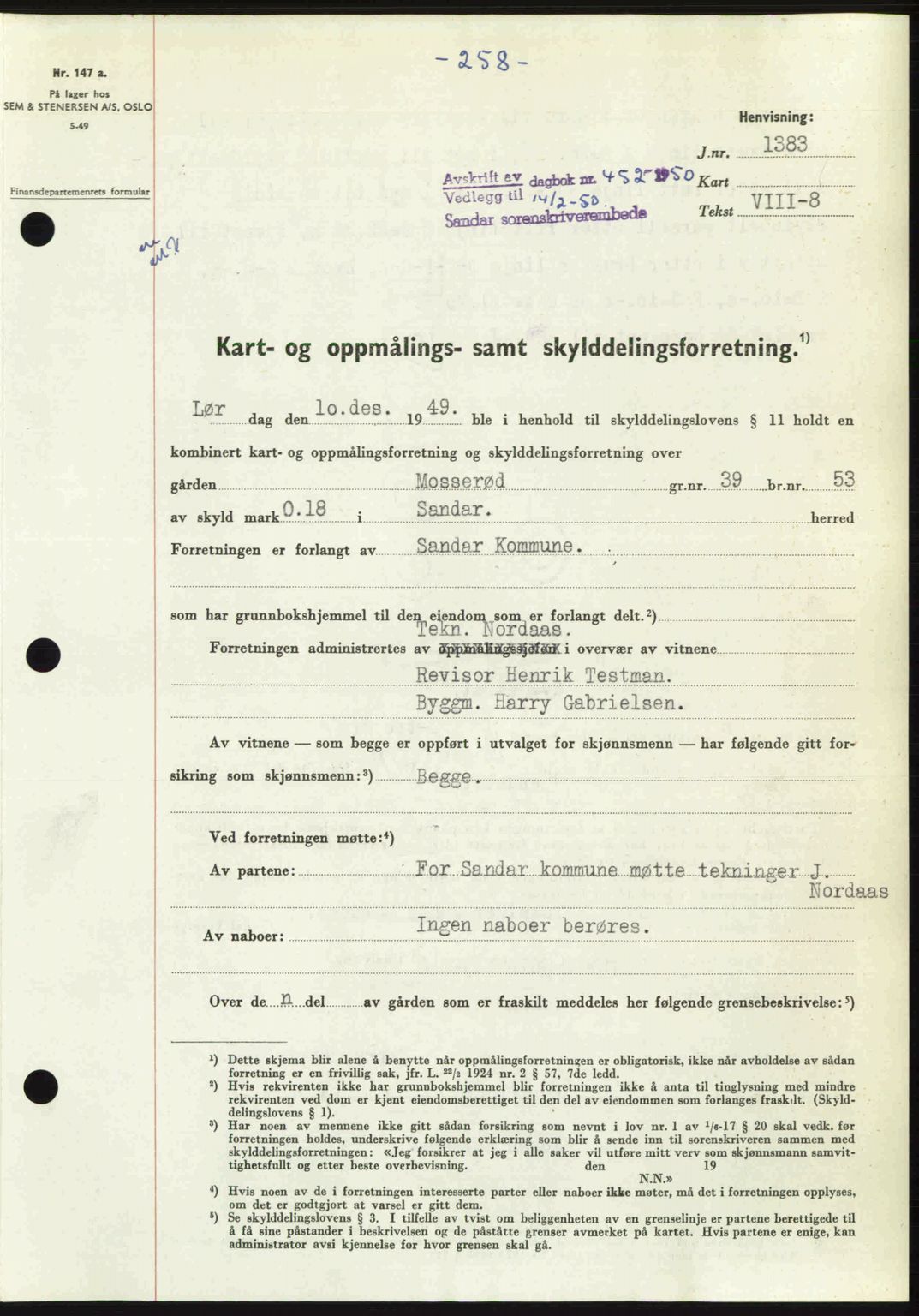 Sandar sorenskriveri, SAKO/A-86/G/Ga/Gaa/L0020: Pantebok nr. A-20, 1949-1950, Dagboknr: 452/1950