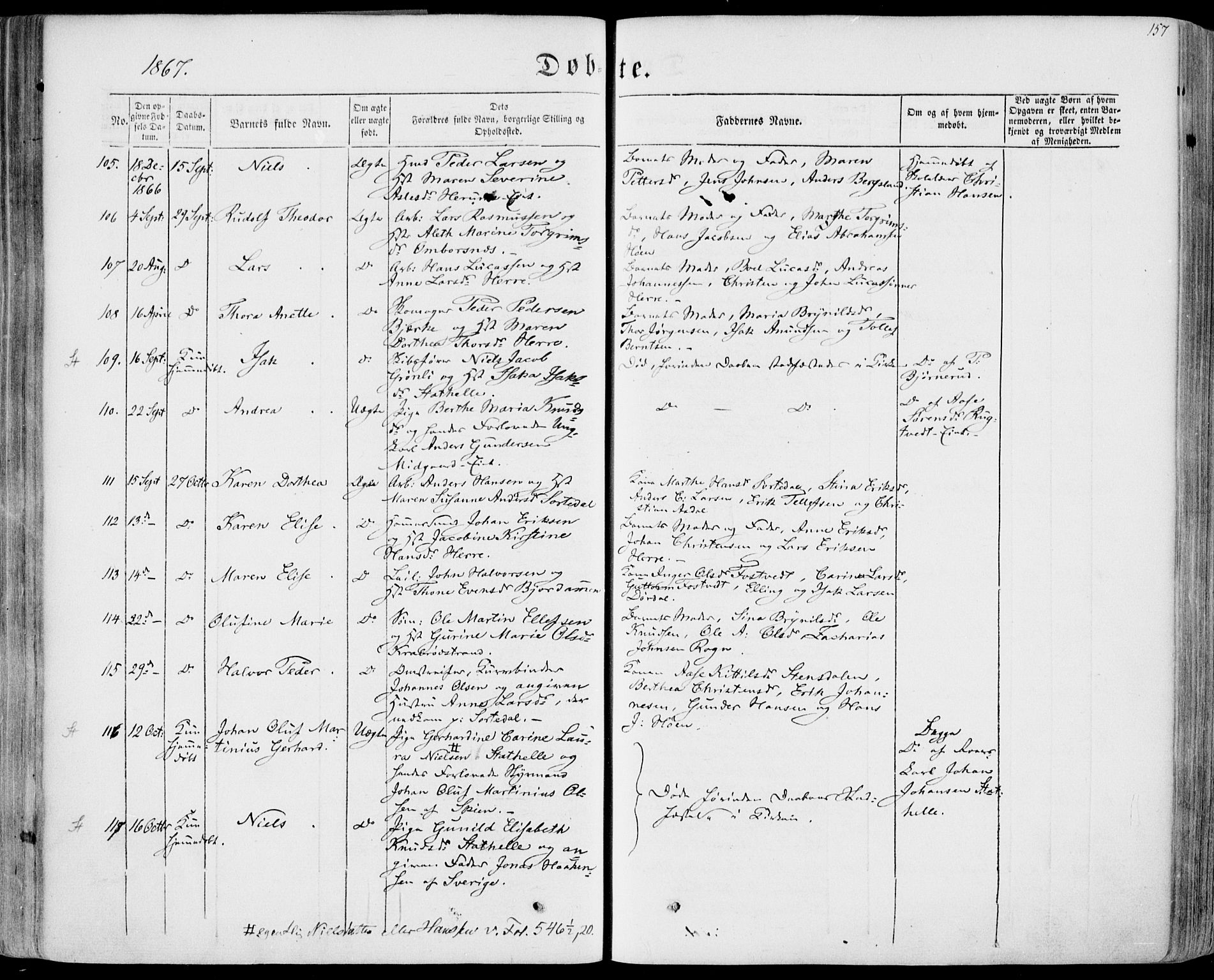 Bamble kirkebøker, AV/SAKO-A-253/F/Fa/L0005: Ministerialbok nr. I 5, 1854-1869, s. 157