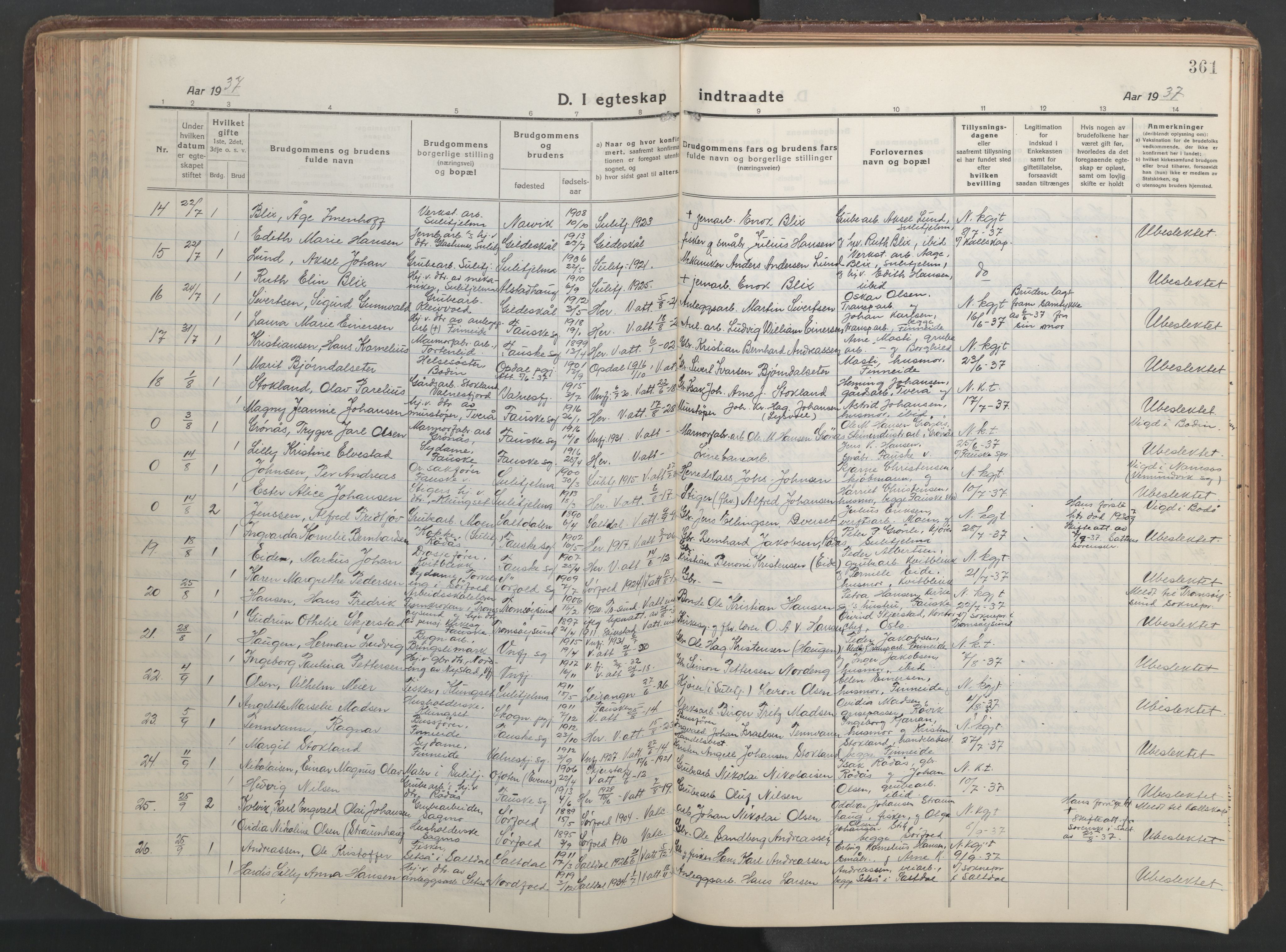 Ministerialprotokoller, klokkerbøker og fødselsregistre - Nordland, AV/SAT-A-1459/849/L0700: Klokkerbok nr. 849C01, 1919-1946, s. 361