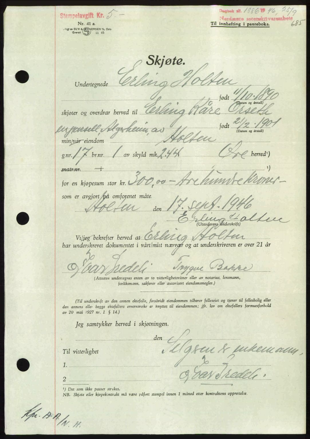 Nordmøre sorenskriveri, SAT/A-4132/1/2/2Ca: Pantebok nr. A102, 1946-1946, Dagboknr: 1886/1946