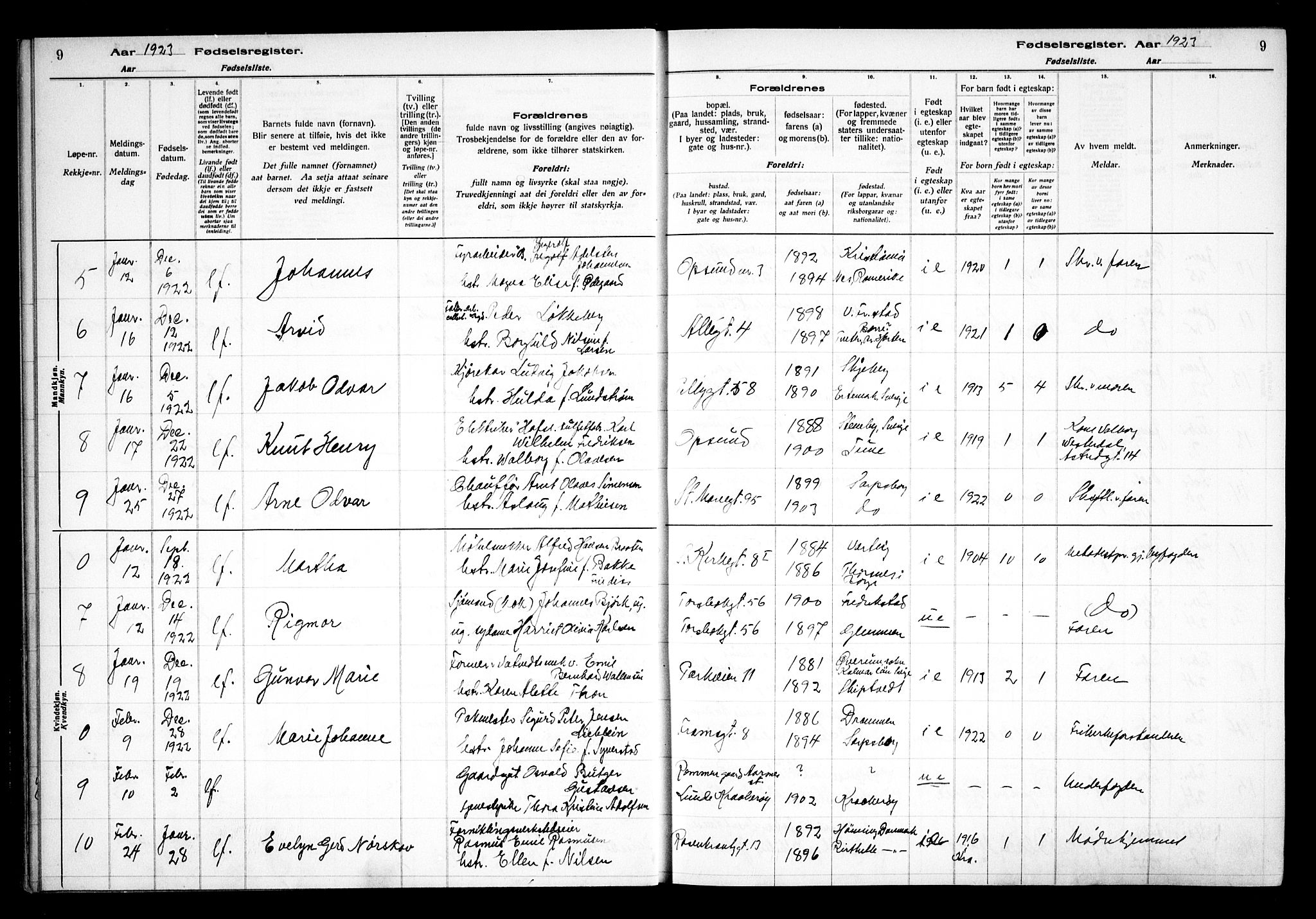 Sarpsborg prestekontor Kirkebøker, AV/SAO-A-2006/J/Ja/L0002: Fødselsregister nr. 2, 1922-1928, s. 9