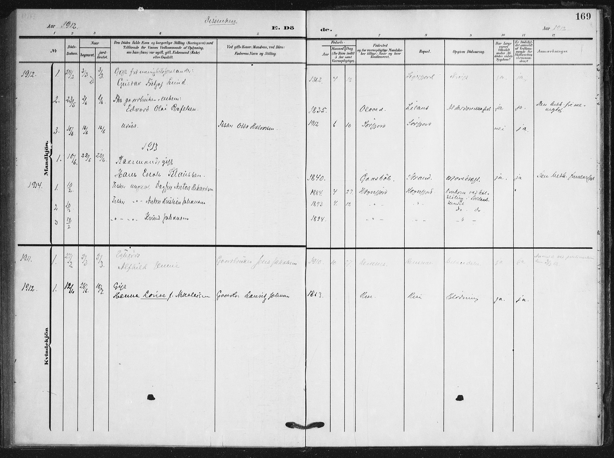 Ministerialprotokoller, klokkerbøker og fødselsregistre - Nordland, AV/SAT-A-1459/895/L1373: Ministerialbok nr. 895A08, 1905-1915, s. 169