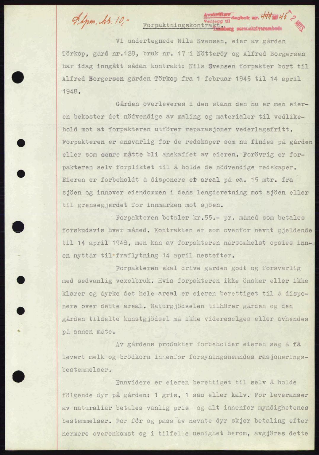 Tønsberg sorenskriveri, AV/SAKO-A-130/G/Ga/Gaa/L0016: Pantebok nr. A16, 1944-1945, Dagboknr: 444/1945