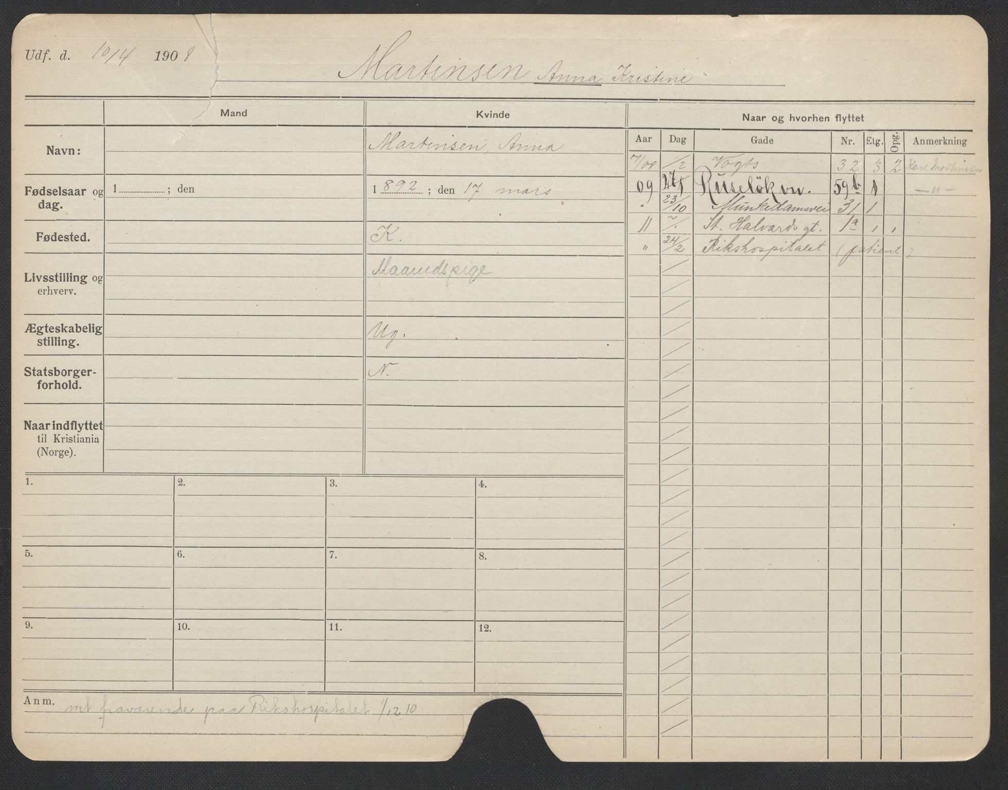 Oslo folkeregister, Registerkort, AV/SAO-A-11715/F/Fa/Fac/L0020: Kvinner, 1906-1914, s. 602a