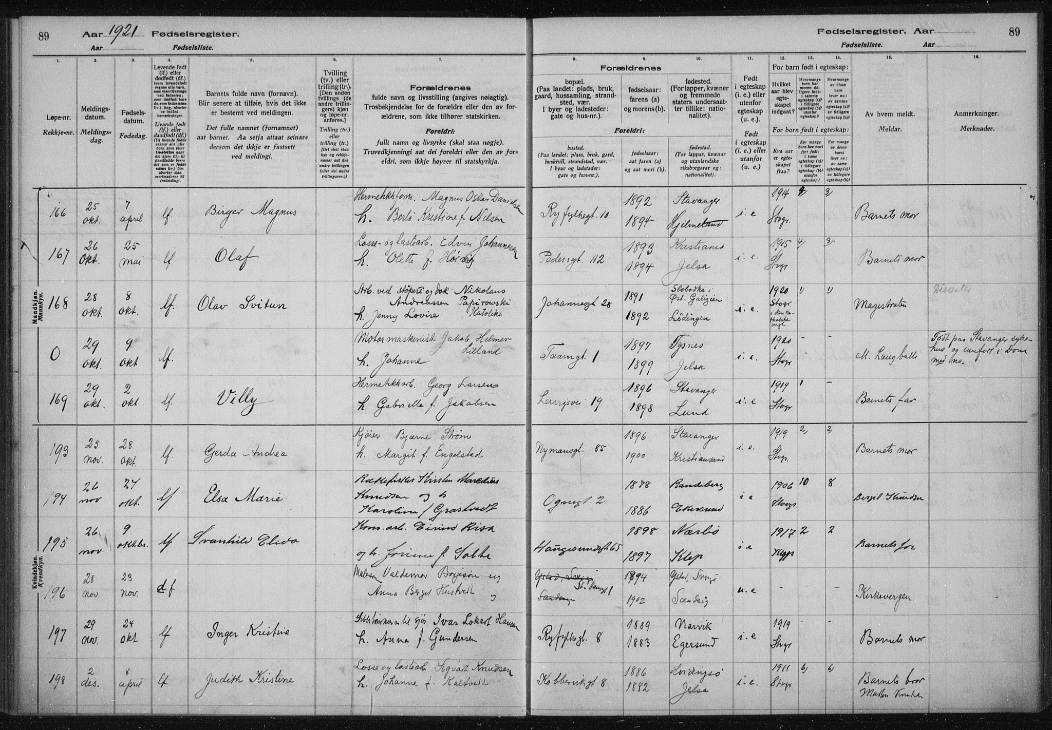 St. Johannes sokneprestkontor, AV/SAST-A-101814/002/A/L0002: Fødselsregister nr. 2, 1919-1924, s. 89