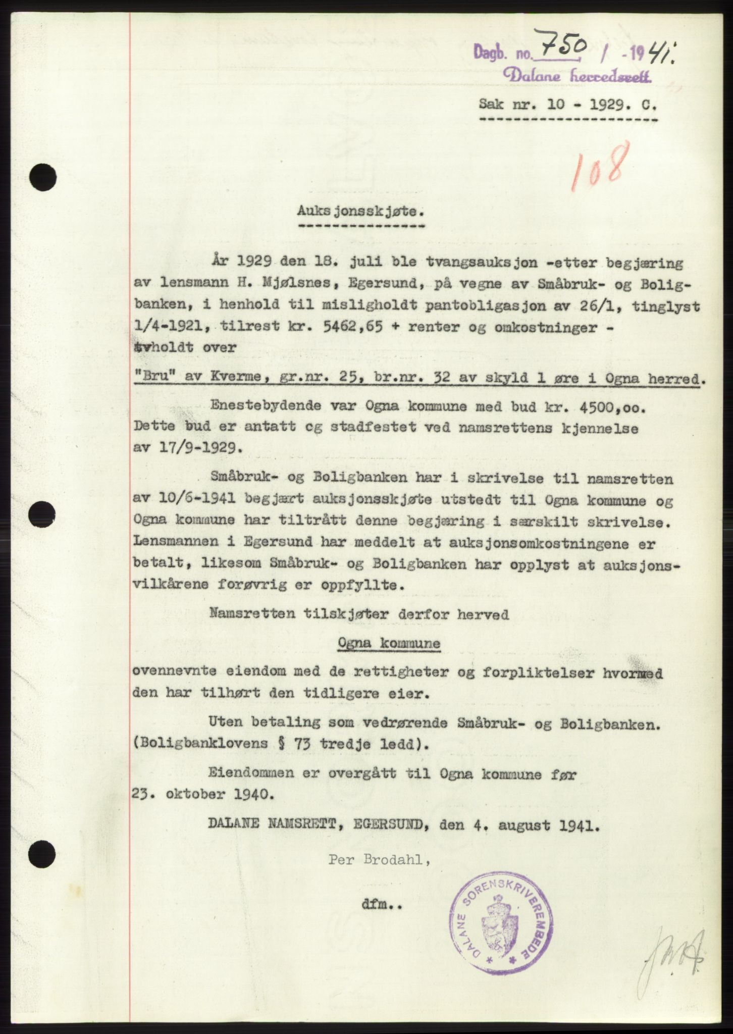 Dalane sorenskriveri, SAST/A-100309/02/G/Gb/L0058: Pantebok, 1926-1950, Tingl.dato: 26.08.1941