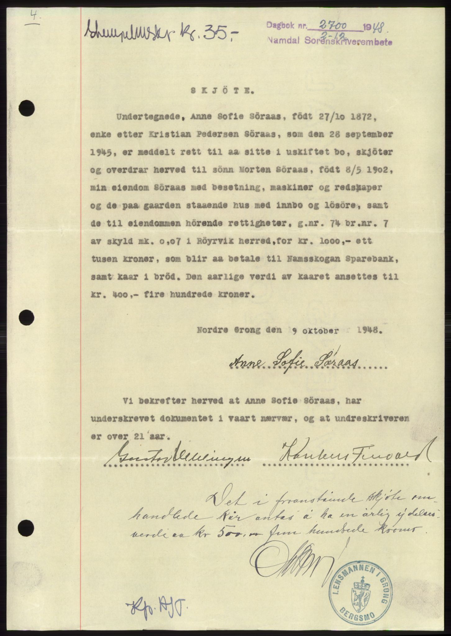 Namdal sorenskriveri, SAT/A-4133/1/2/2C: Pantebok nr. -, 1948-1948, Dagboknr: 2700/1948