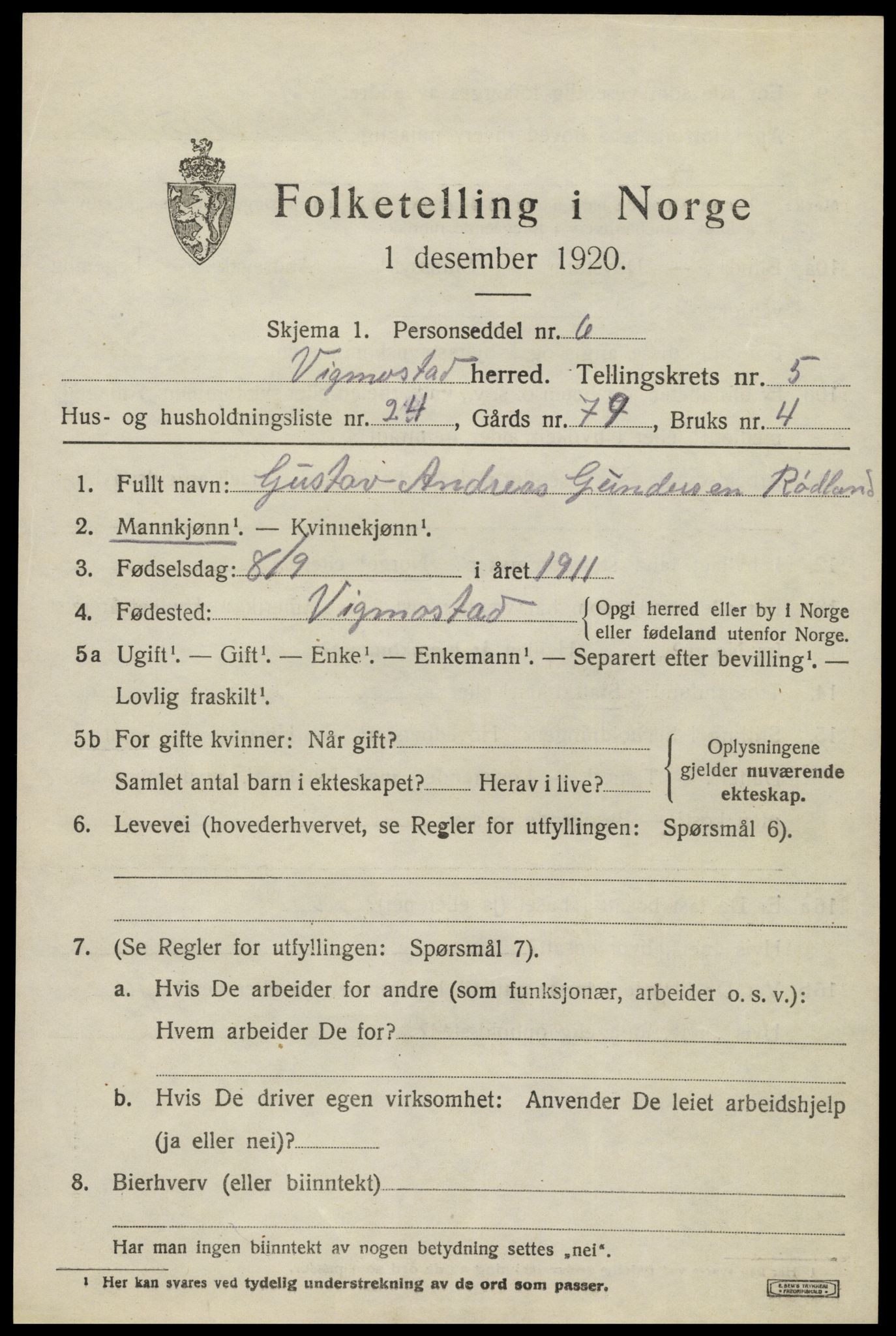 SAK, Folketelling 1920 for 1028 Vigmostad herred, 1920, s. 1909