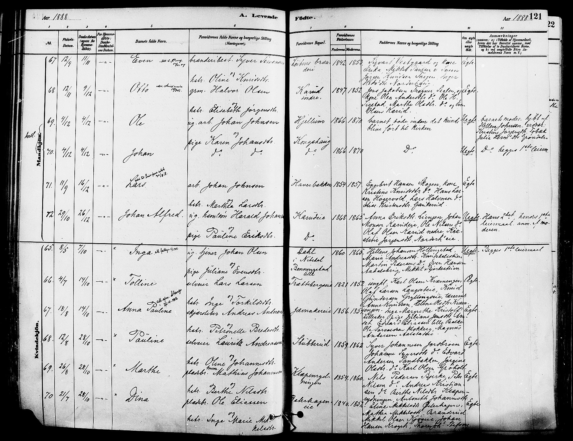 Løten prestekontor, AV/SAH-PREST-022/K/Ka/L0009: Ministerialbok nr. 9, 1878-1891, s. 121