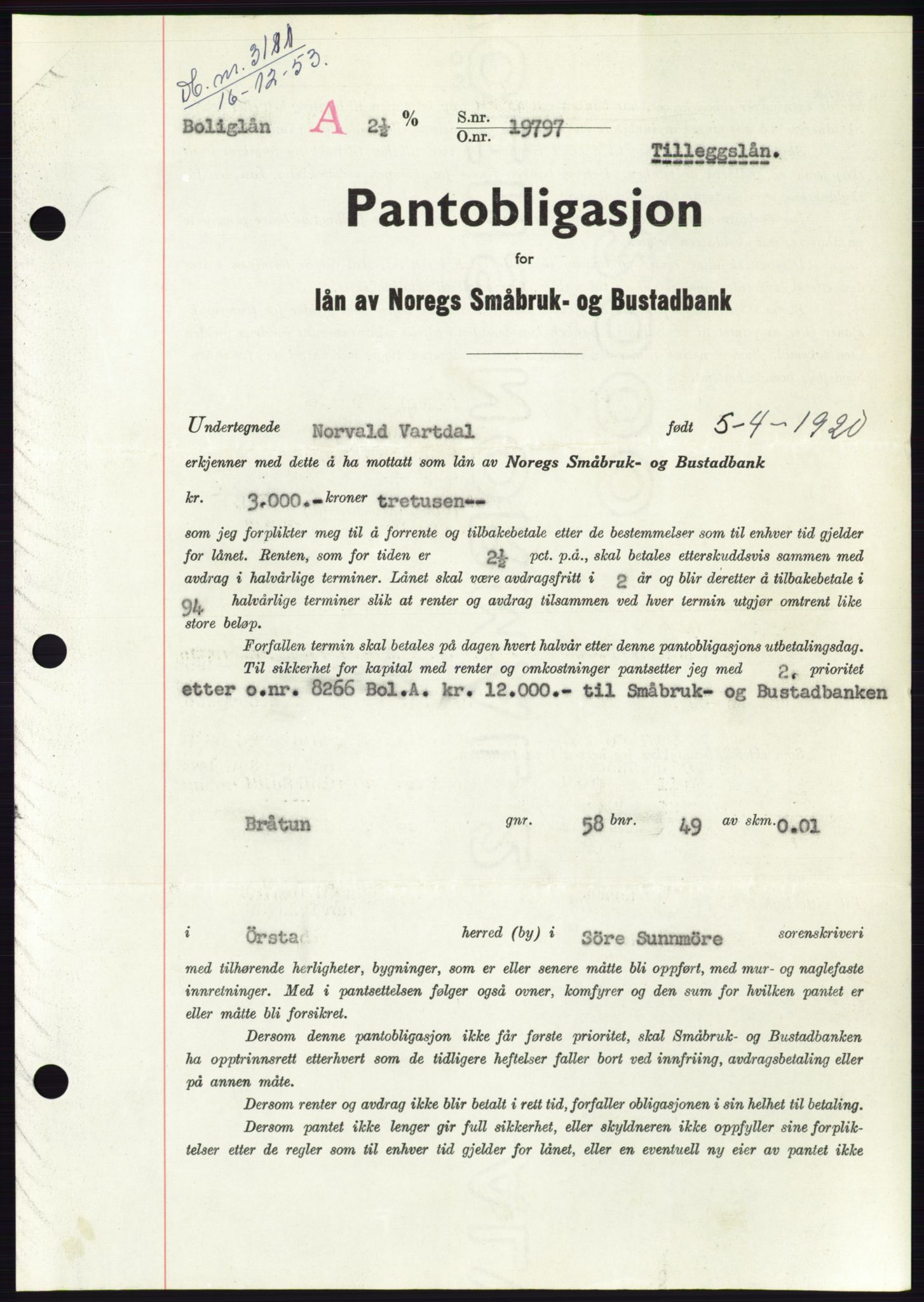 Søre Sunnmøre sorenskriveri, SAT/A-4122/1/2/2C/L0124: Pantebok nr. 12B, 1953-1954, Dagboknr: 3111/1953