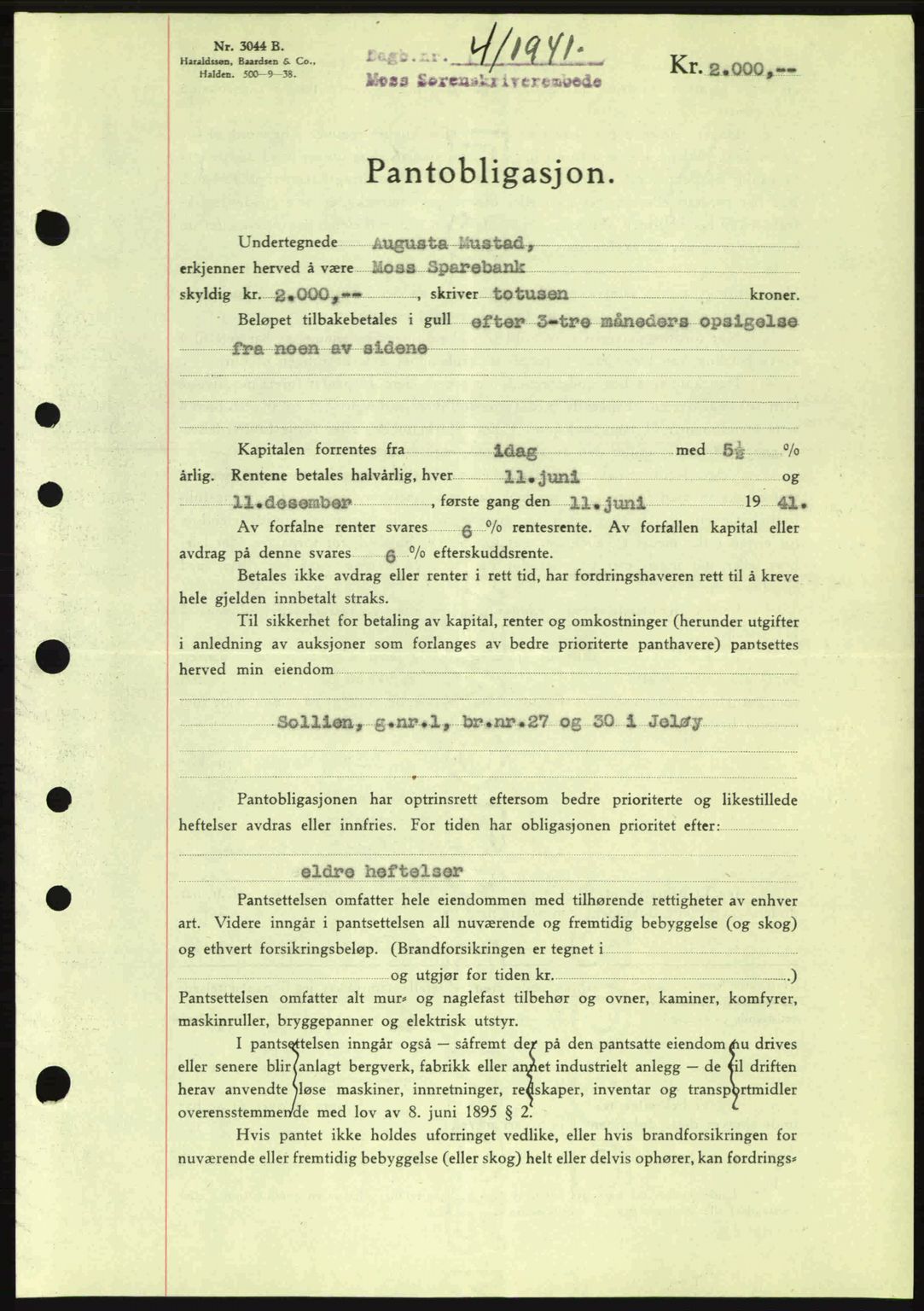 Moss sorenskriveri, SAO/A-10168: Pantebok nr. B10, 1940-1941, Dagboknr: 4/1941