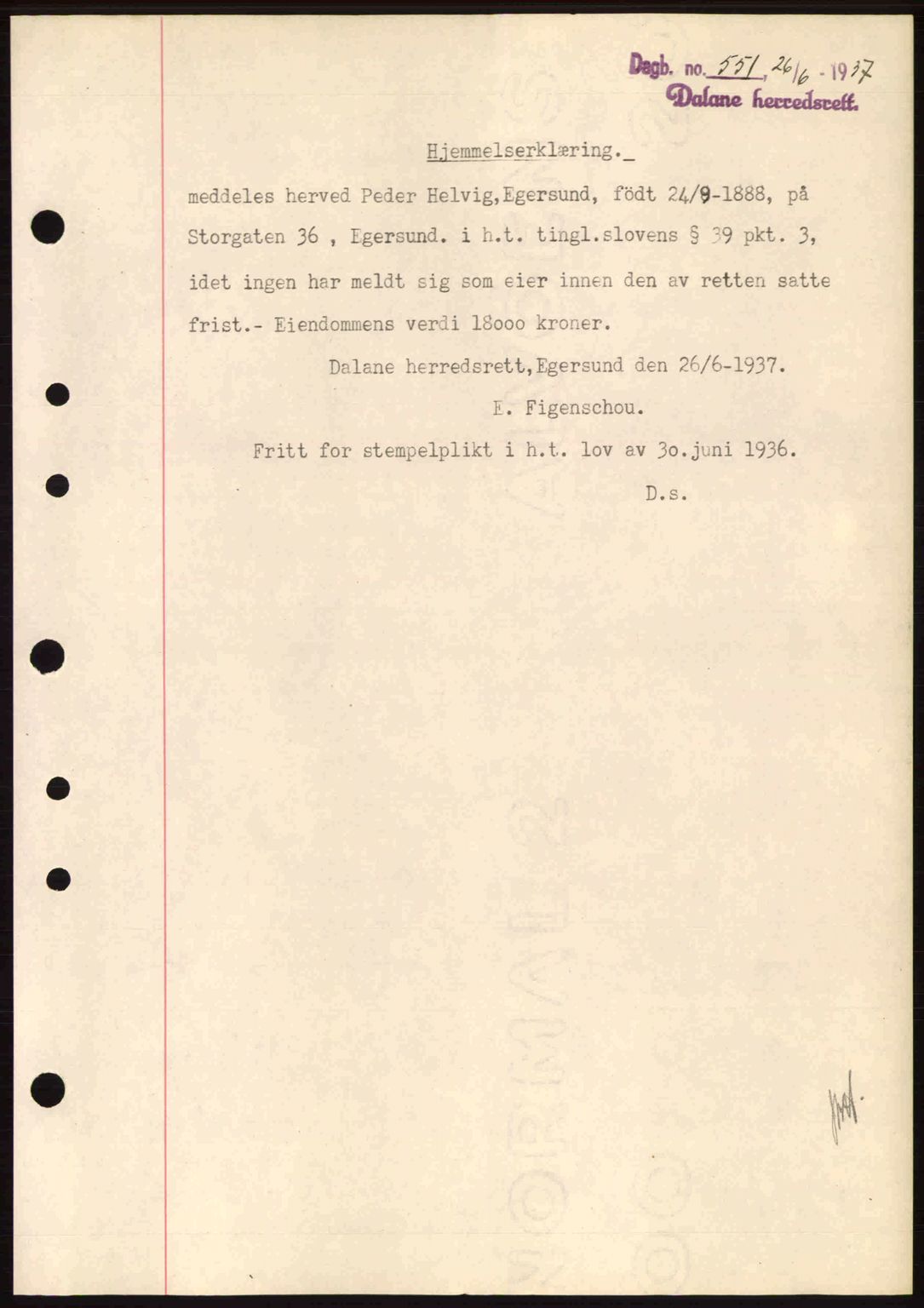 Dalane sorenskriveri, SAST/A-100309/02/G/Gb/L0041: Pantebok nr. A2, 1936-1937, Dagboknr: 551/1937