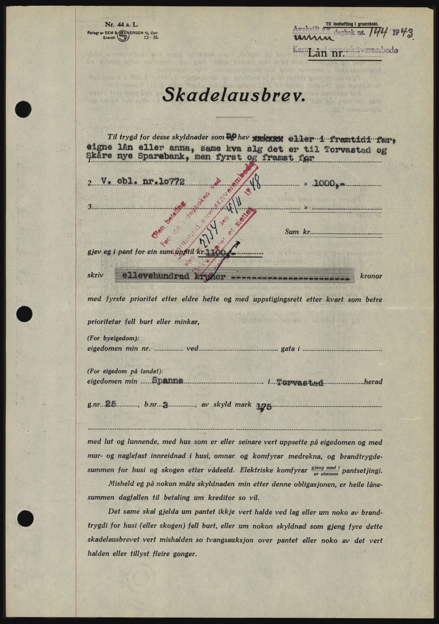 Karmsund sorenskriveri, SAST/A-100311/01/II/IIBBE/L0008: Pantebok nr. B 54, 1942-1943, Dagboknr: 144/1943