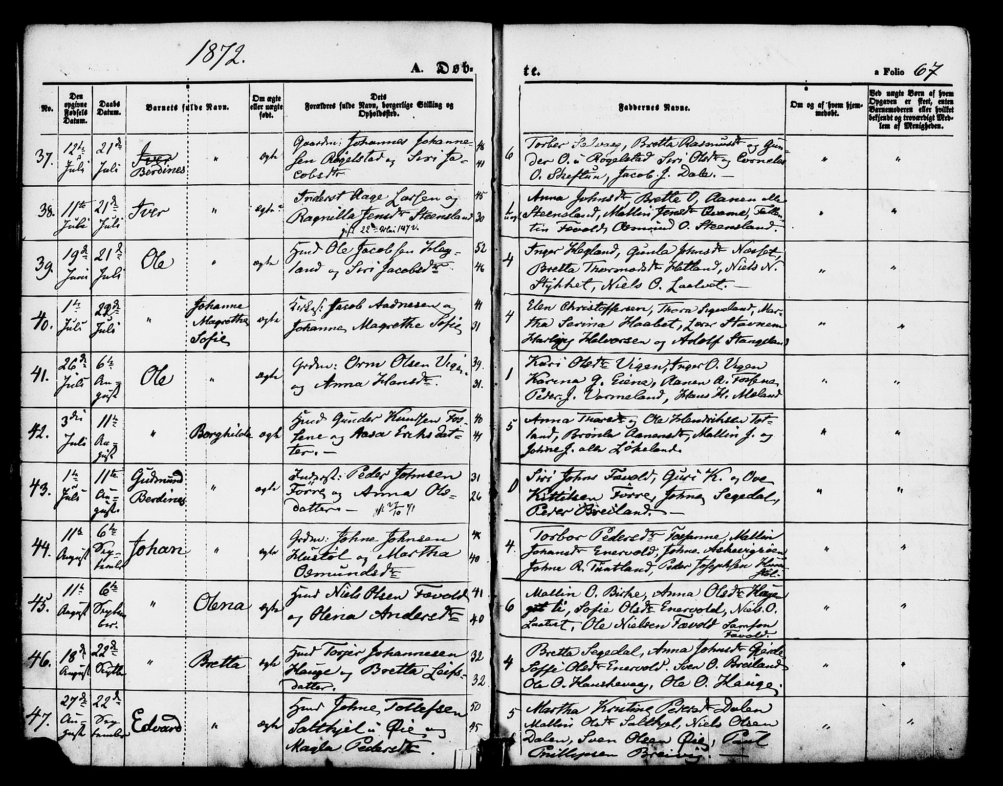 Hjelmeland sokneprestkontor, AV/SAST-A-101843/01/IV/L0011: Ministerialbok nr. A 11, 1861-1878, s. 67
