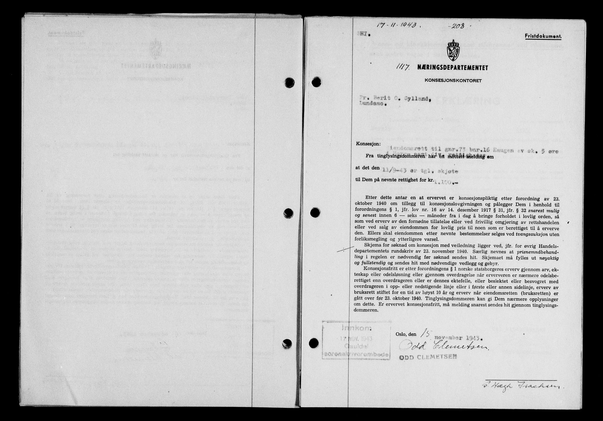 Gauldal sorenskriveri, SAT/A-0014/1/2/2C/L0057: Pantebok nr. 62, 1943-1944, Dagboknr: 1117/1943