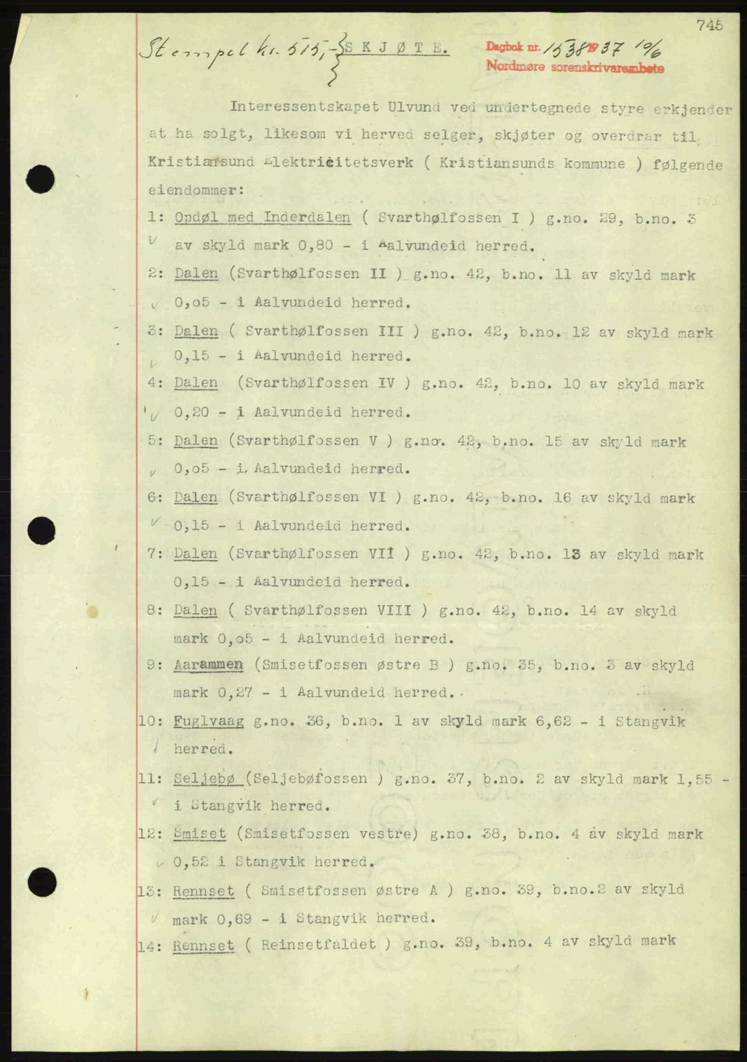 Nordmøre sorenskriveri, AV/SAT-A-4132/1/2/2Ca: Pantebok nr. A81, 1937-1937, Dagboknr: 1538/1937