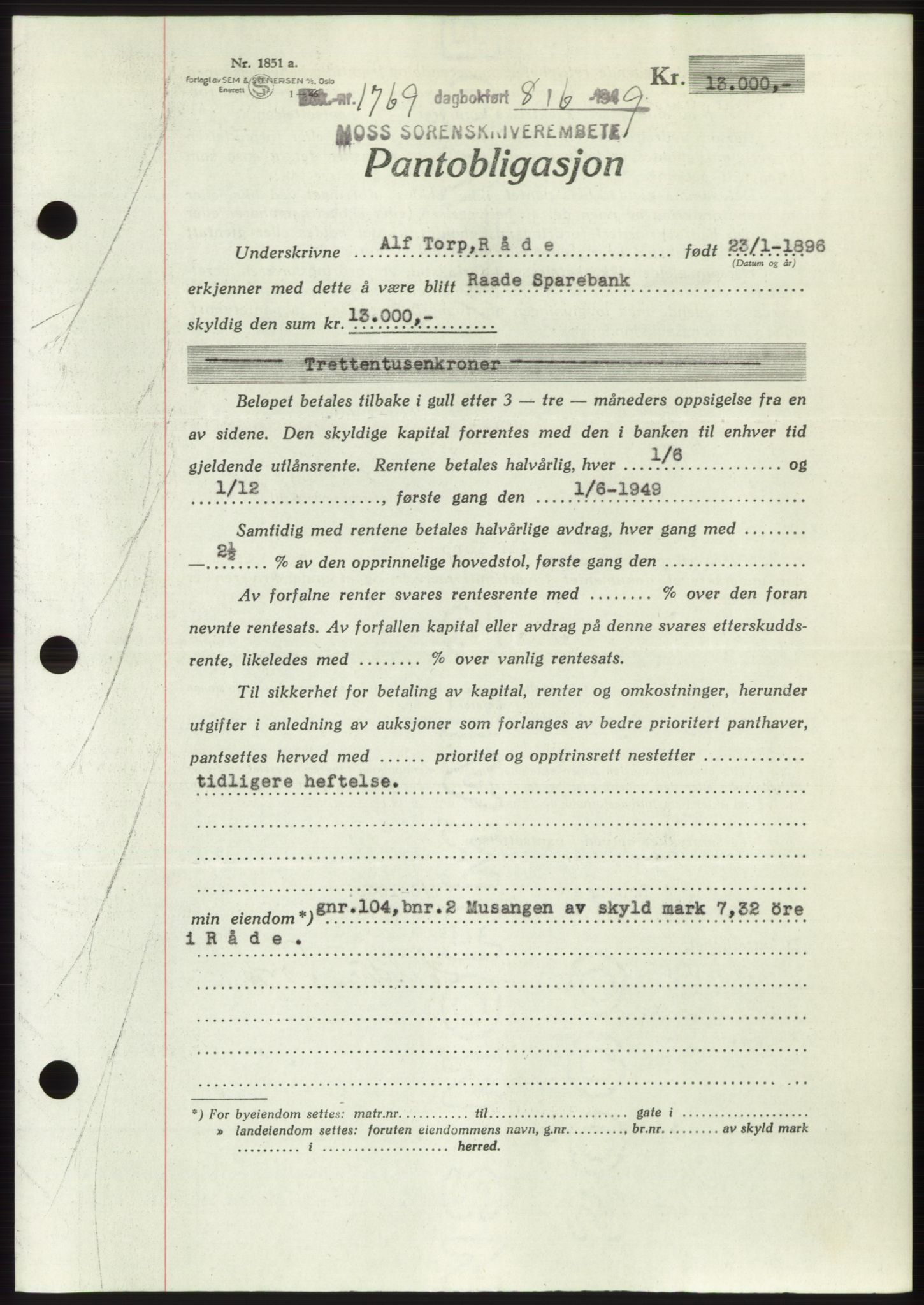 Moss sorenskriveri, SAO/A-10168: Pantebok nr. B22, 1949-1949, Dagboknr: 1769/1949