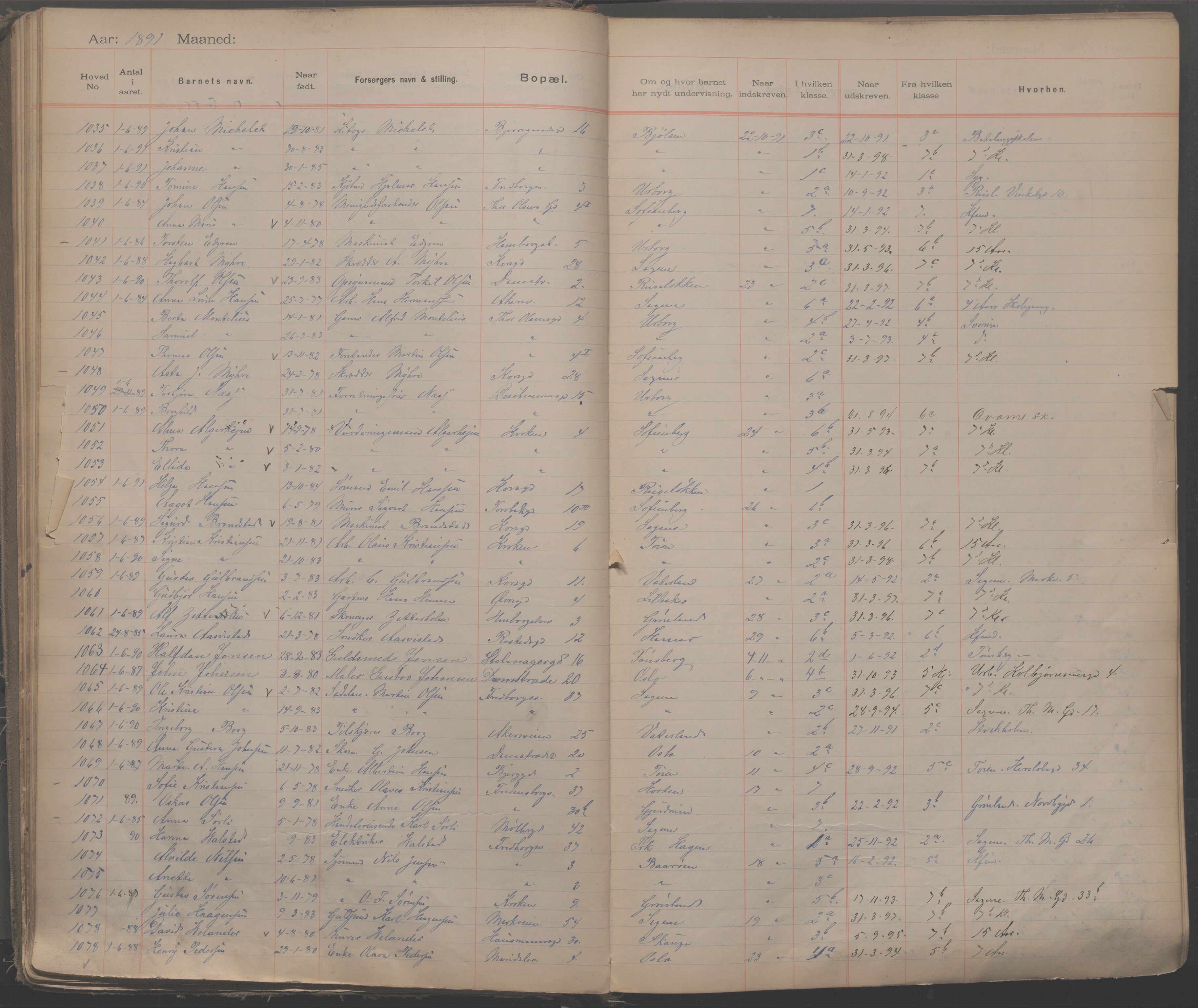 Møllergata skole, OBA/A-20129/F/Fa/L0001: Ut-/innskrivningsprotokoll, 1889-1907, s. 29