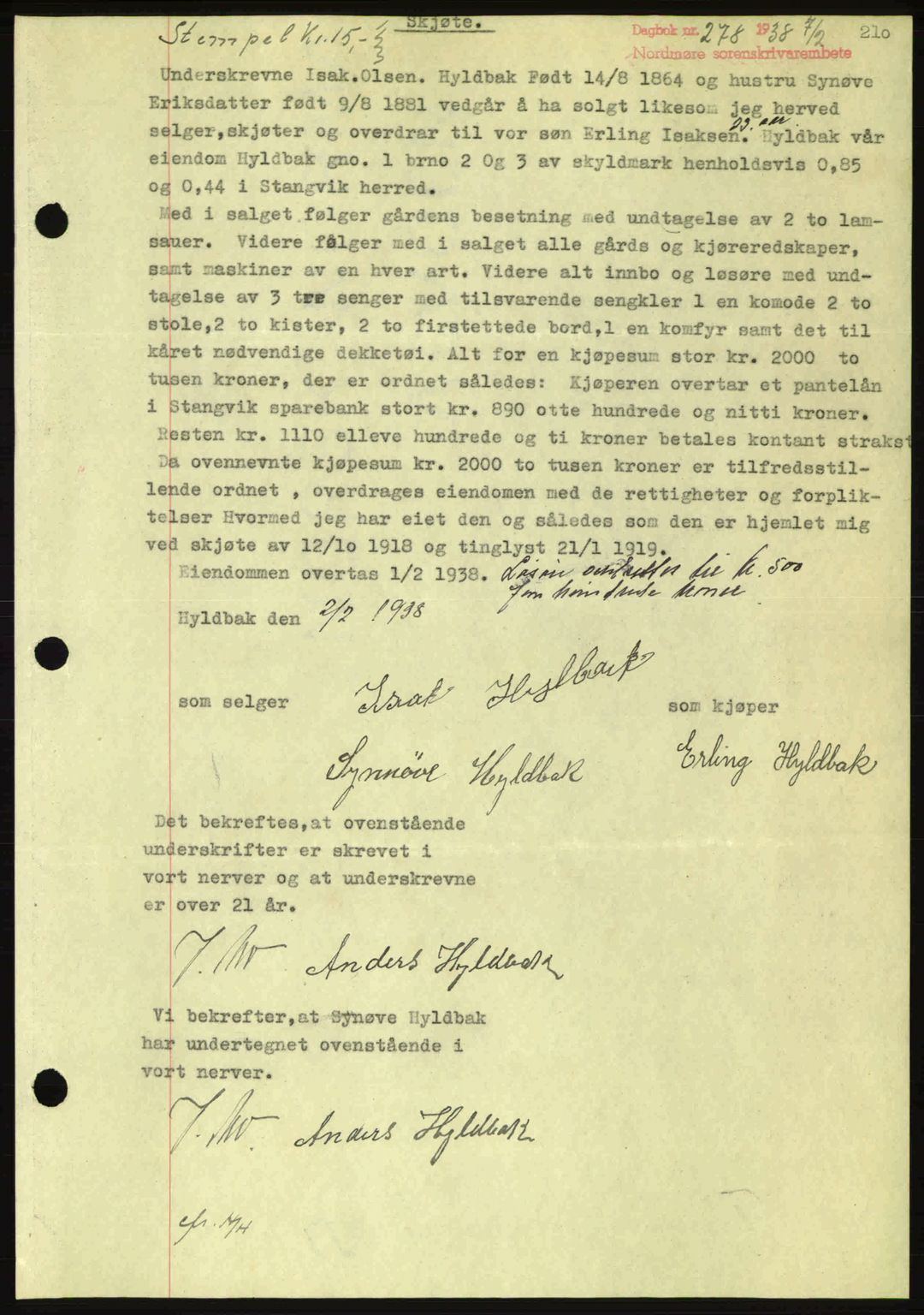 Nordmøre sorenskriveri, SAT/A-4132/1/2/2Ca: Pantebok nr. A83, 1938-1938, Dagboknr: 278/1938
