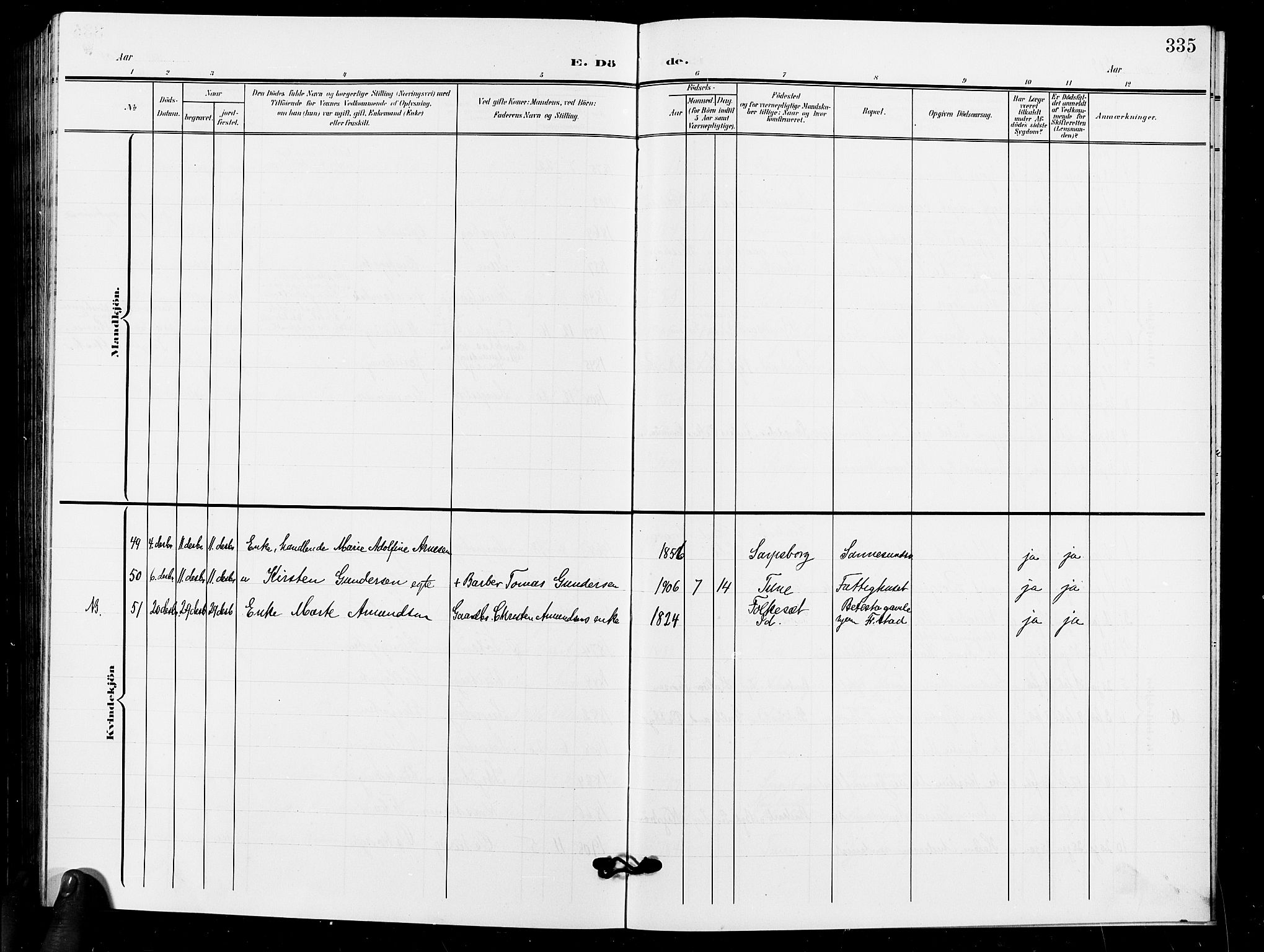 Sarpsborg prestekontor Kirkebøker, AV/SAO-A-2006/G/Ga/L0001: Klokkerbok nr. 1, 1902-1911, s. 335