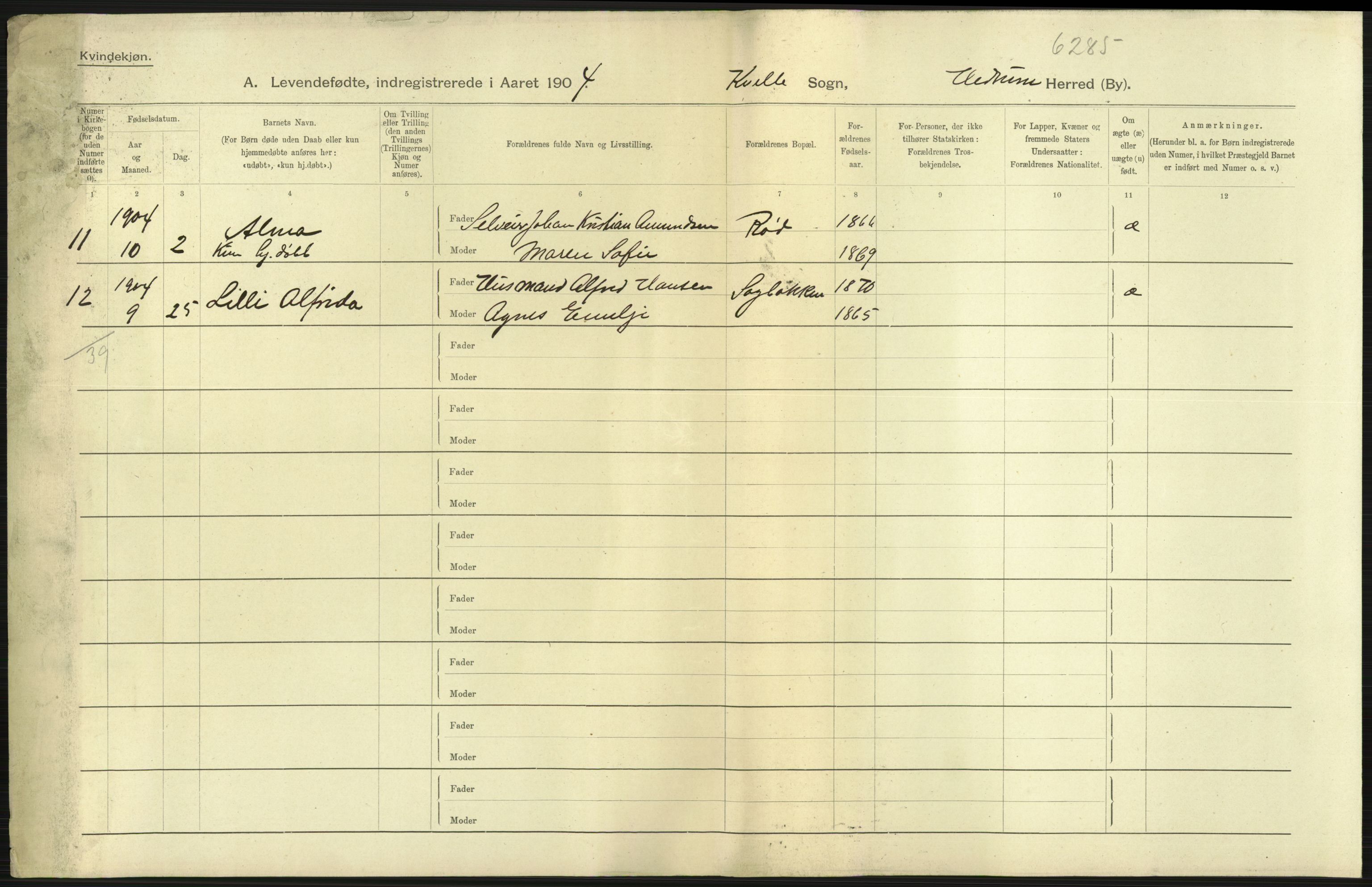 Statistisk sentralbyrå, Sosiodemografiske emner, Befolkning, AV/RA-S-2228/D/Df/Dfa/Dfab/L0008: Jarlsberg og Larvig amt: Fødte, gifte, døde, 1904, s. 11