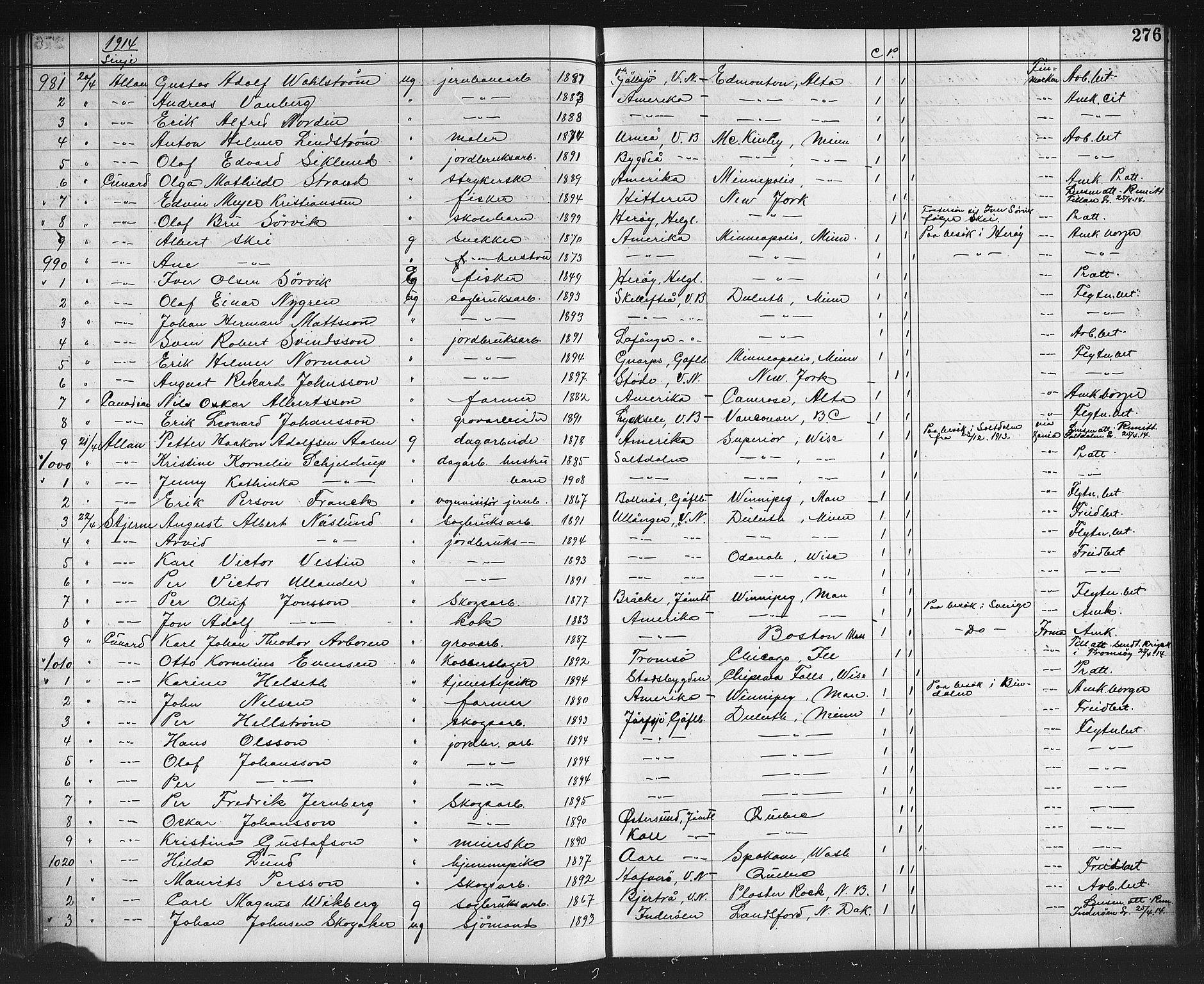 Trondheim politikammer, SAT/A-1887/1/32/L0015: Emigrantprotokoll XIV, 1911-1916, s. 276