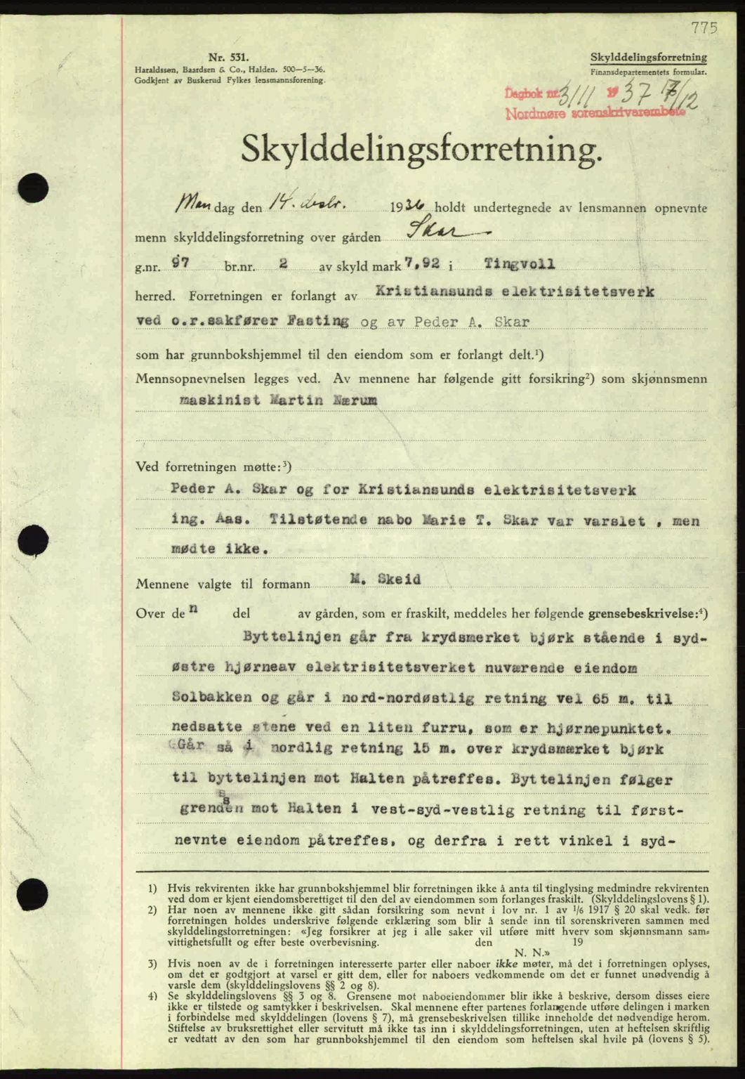 Nordmøre sorenskriveri, SAT/A-4132/1/2/2Ca: Pantebok nr. A82, 1937-1938, Dagboknr: 3111/1937