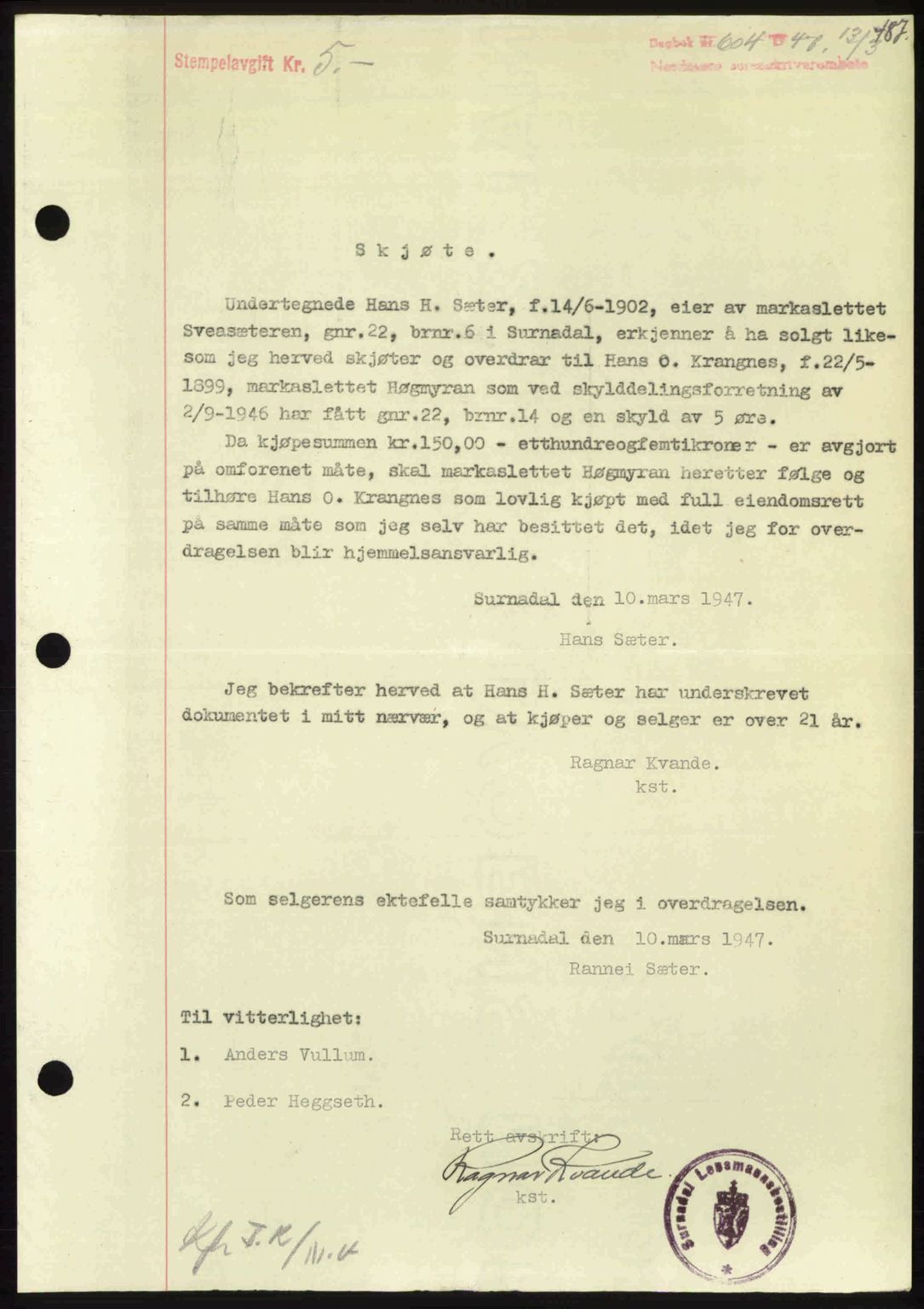 Nordmøre sorenskriveri, SAT/A-4132/1/2/2Ca: Pantebok nr. A104, 1947-1947, Dagboknr: 604/1947