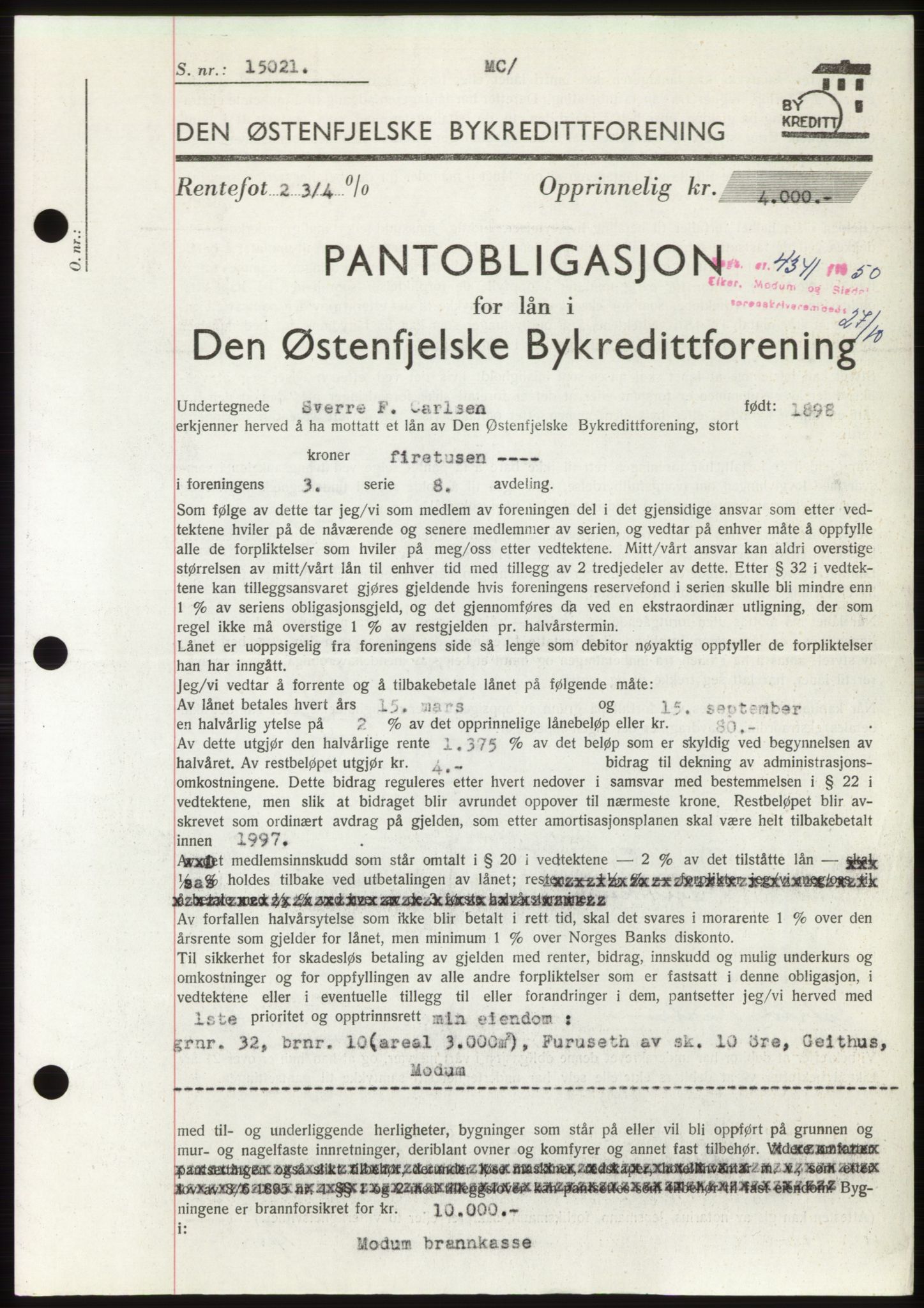 Eiker, Modum og Sigdal sorenskriveri, SAKO/A-123/G/Ga/Gac/L0008: Pantebok nr. B10, 1950-1950, Dagboknr: 4341/1950