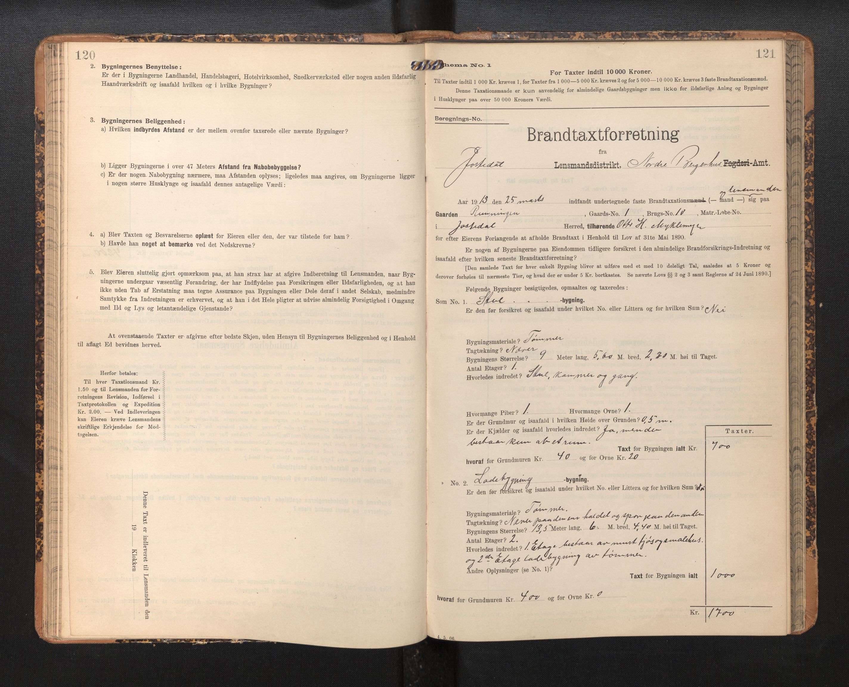 Lensmannen i Jostedal, SAB/A-28601/0012/L0004: Branntakstprotokoll, skjematakst, 1906-1919, s. 120-121