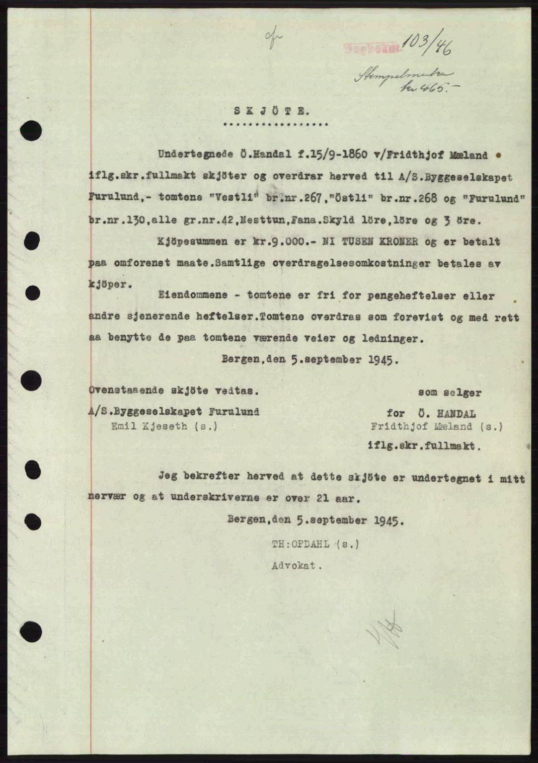 Midhordland sorenskriveri, SAB/A-3001/1/G/Gb/Gbj/L0022: Pantebok nr. A41-43, 1946-1946, Dagboknr: 103/1946