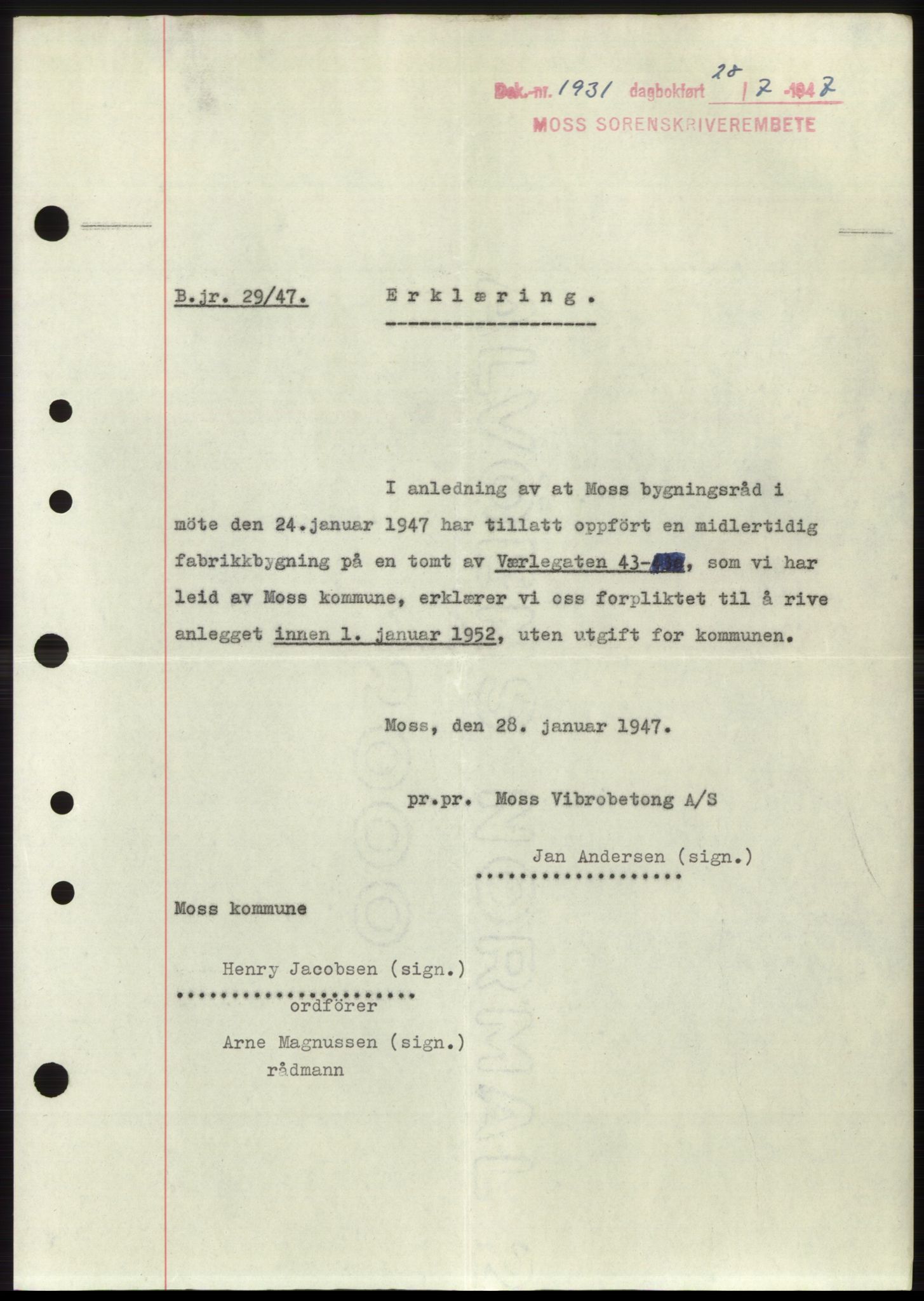 Moss sorenskriveri, SAO/A-10168: Pantebok nr. B17, 1947-1947, Dagboknr: 1931/1947
