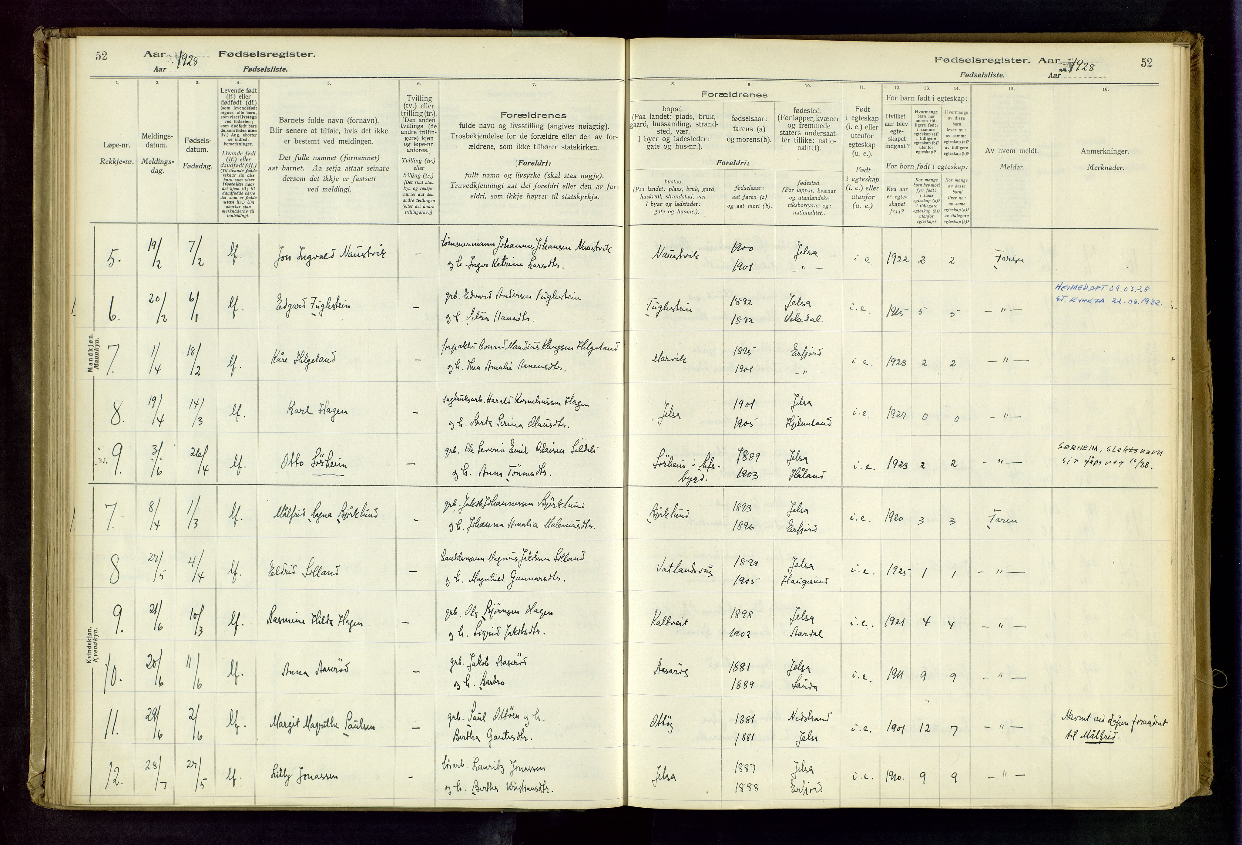 Jelsa sokneprestkontor, AV/SAST-A-101842/02/I: Fødselsregister nr. 13, 1916-1982, s. 52