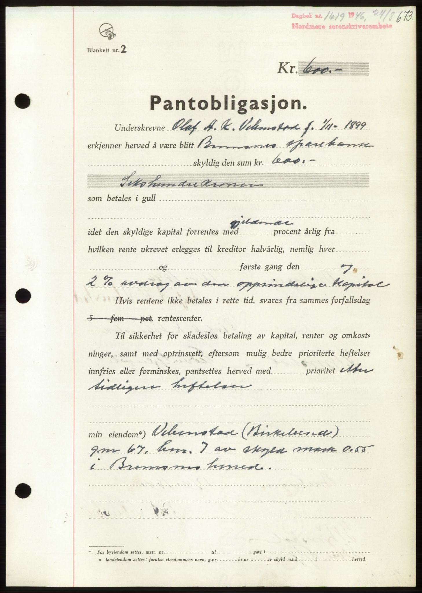Nordmøre sorenskriveri, SAT/A-4132/1/2/2Ca: Pantebok nr. B94, 1946-1946, Dagboknr: 1619/1946