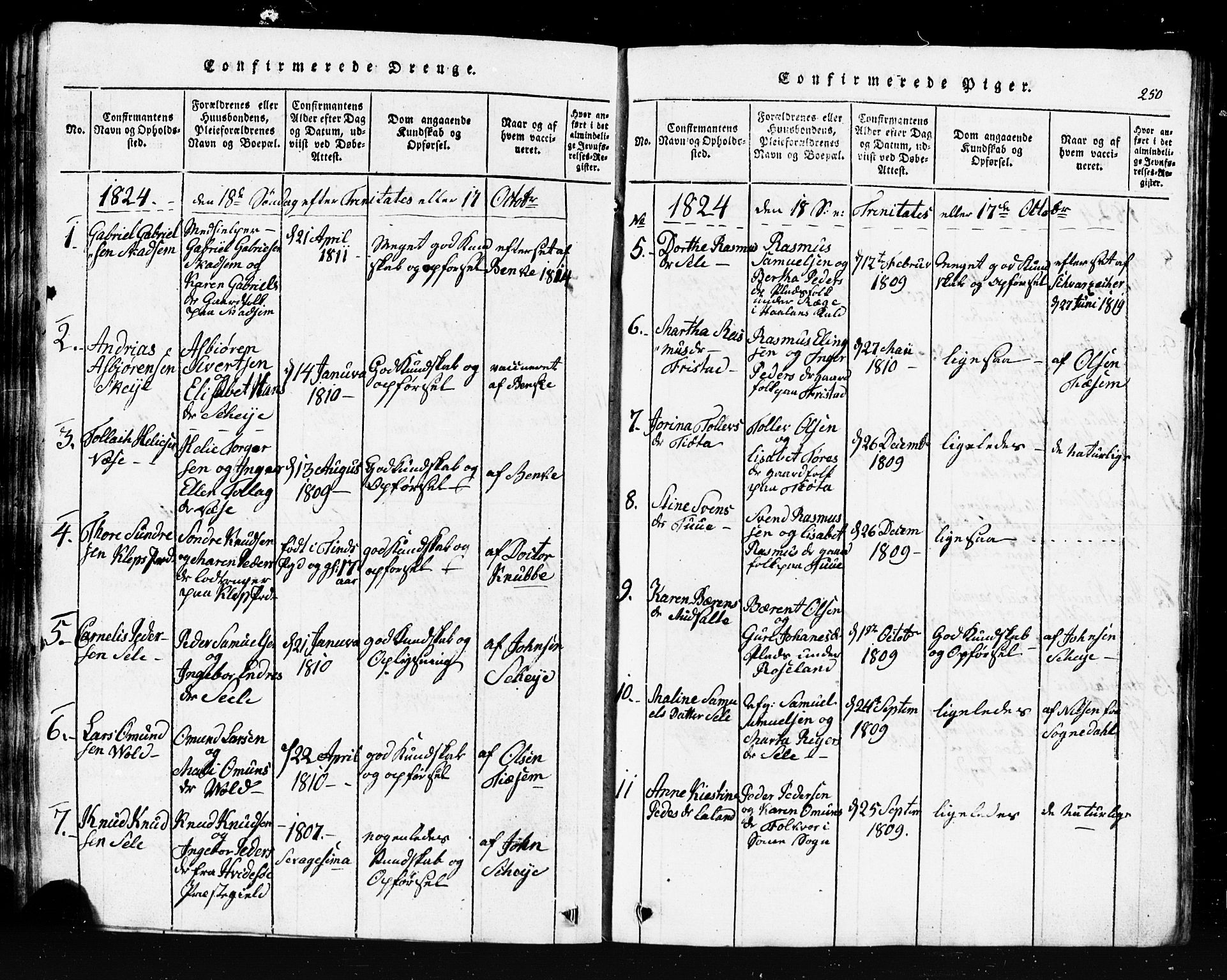 Klepp sokneprestkontor, AV/SAST-A-101803/001/3/30BB/L0001: Klokkerbok nr.  B 1, 1816-1859, s. 250