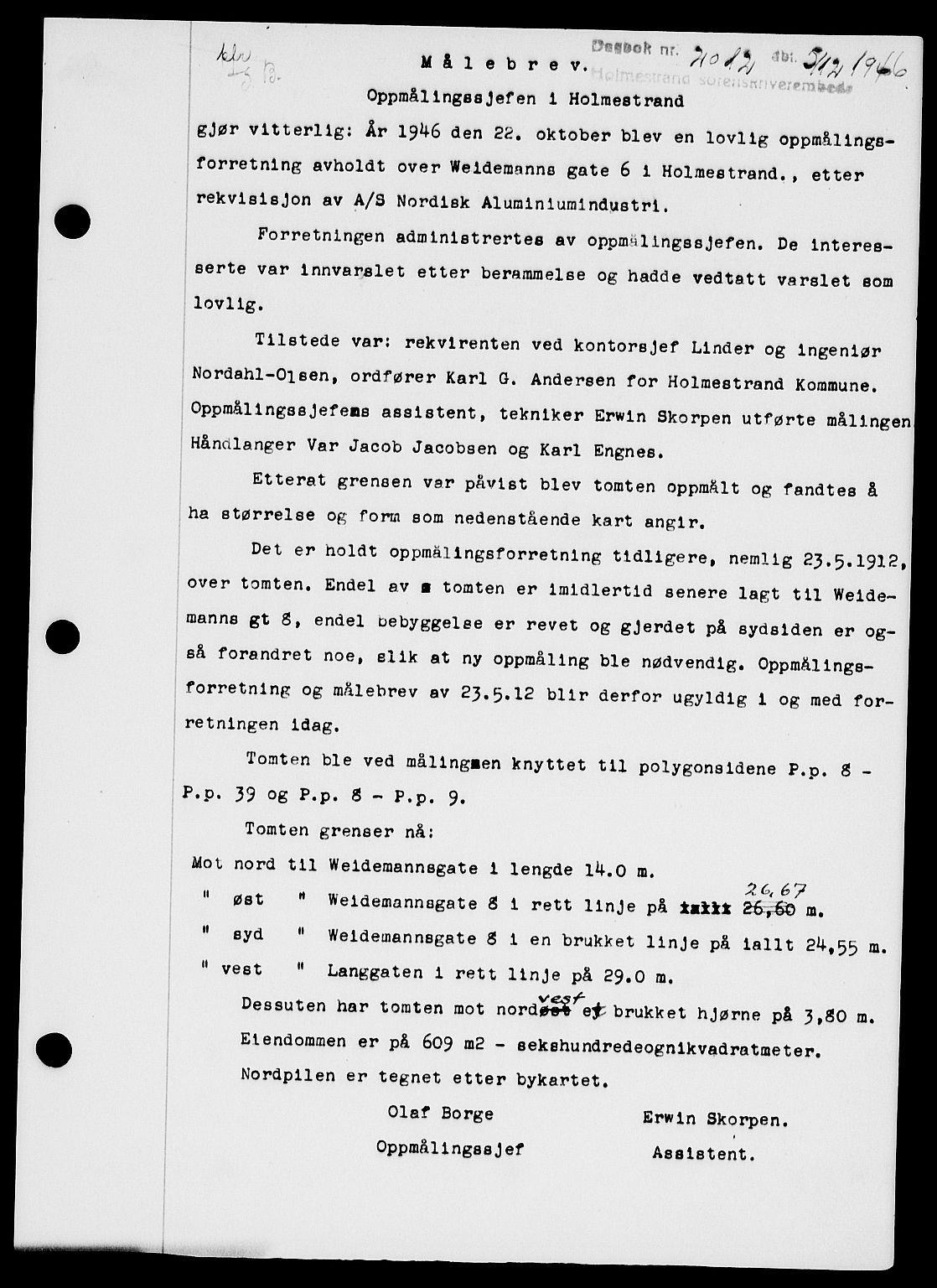 Holmestrand sorenskriveri, SAKO/A-67/G/Ga/Gaa/L0061: Pantebok nr. A-61, 1946-1947, Dagboknr: 2012/1946