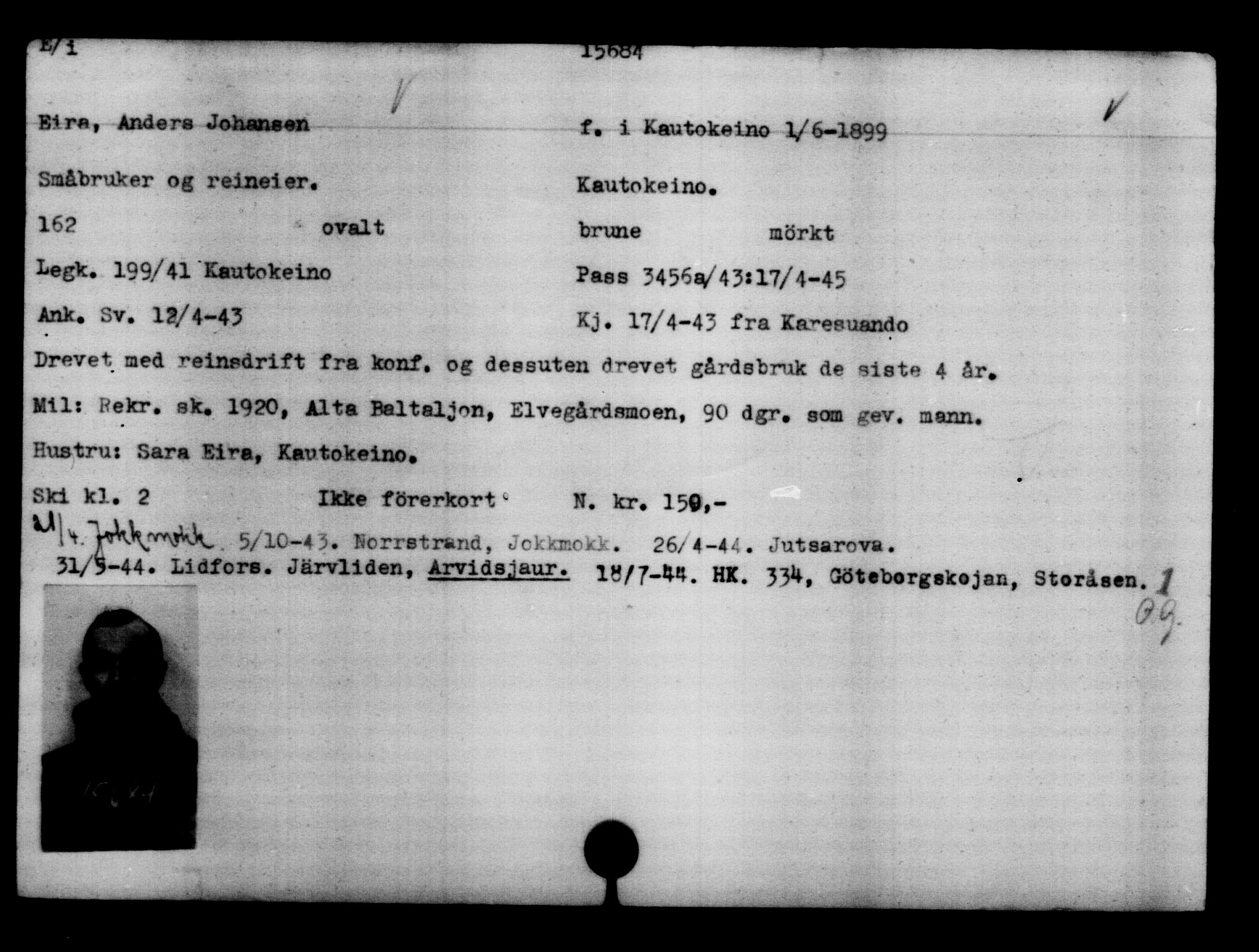 Utenriksstasjonene, Legasjonen i Stockholm, Flyktningkontoret, AV/RA-S-6753/V/Va/L0007: Kjesäterkartoteket, flyktninger med registreringsnr. 12700-15723, 1940-1945, s. 3419