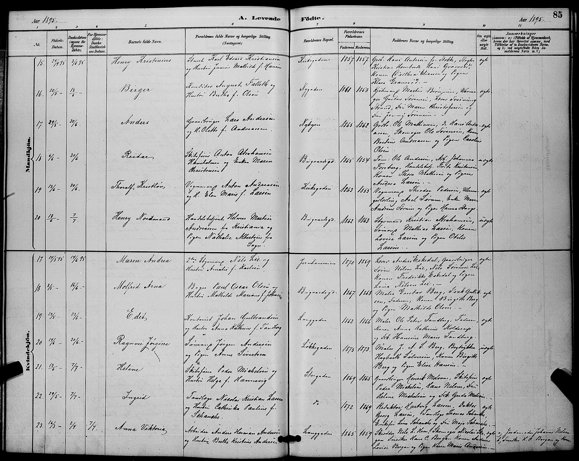 Sandefjord kirkebøker, AV/SAKO-A-315/G/Ga/L0001: Klokkerbok nr. 1, 1885-1903, s. 85