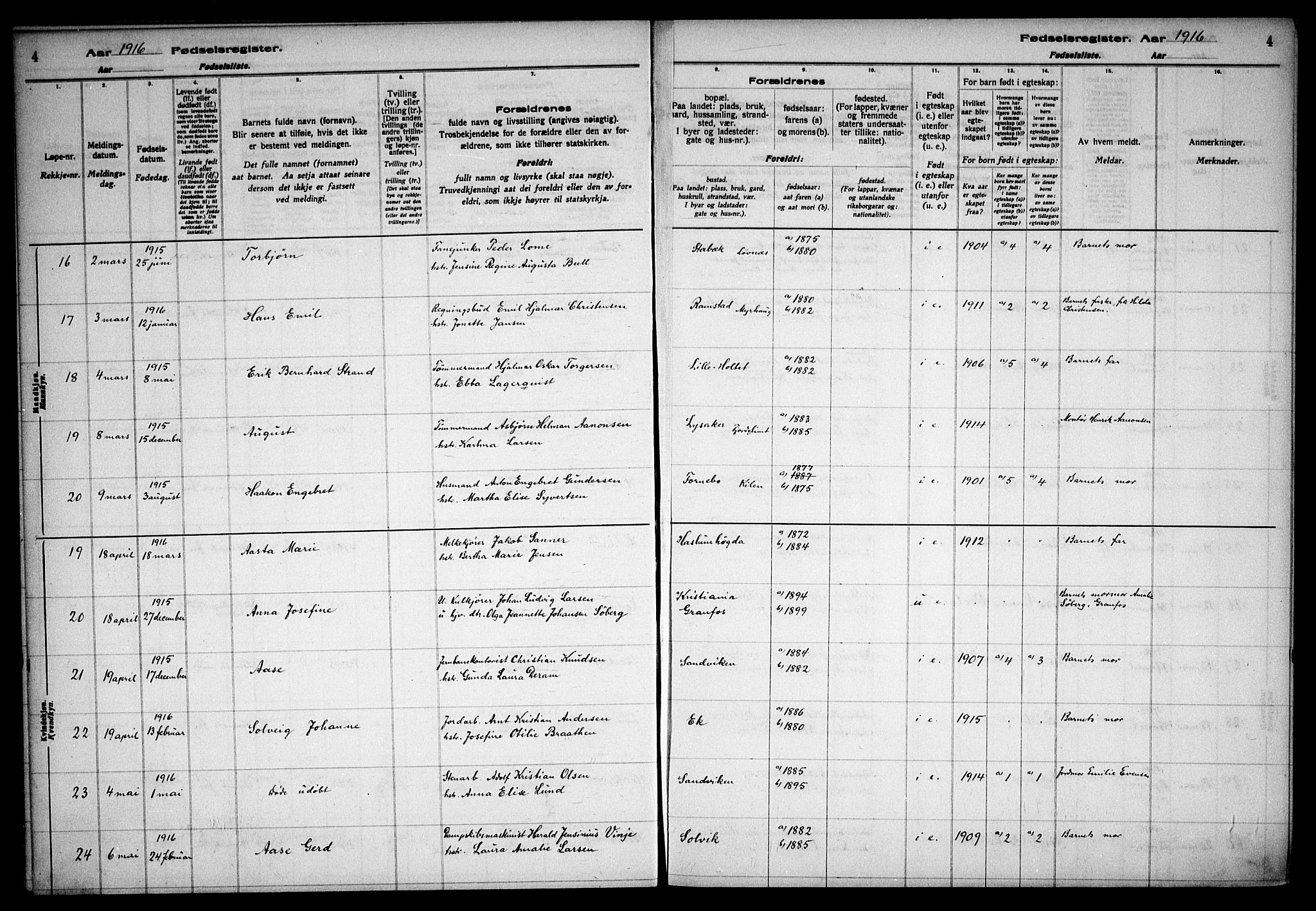 Østre Bærum prestekontor Kirkebøker, SAO/A-10887/J/Ja/L0001: Fødselsregister nr. 1, 1916-1922, s. 4