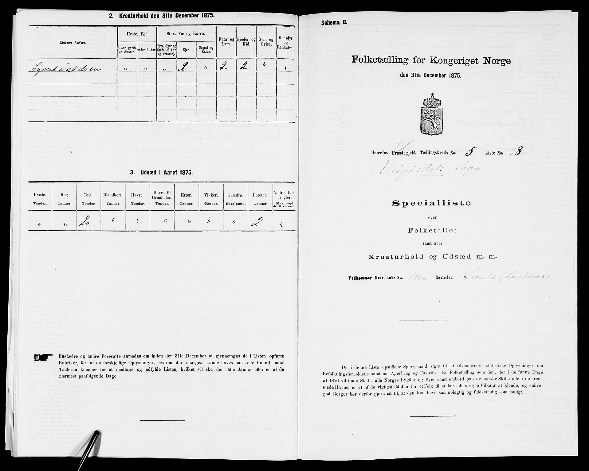 SAK, Folketelling 1875 for 0933P Herefoss prestegjeld, 1875, s. 452