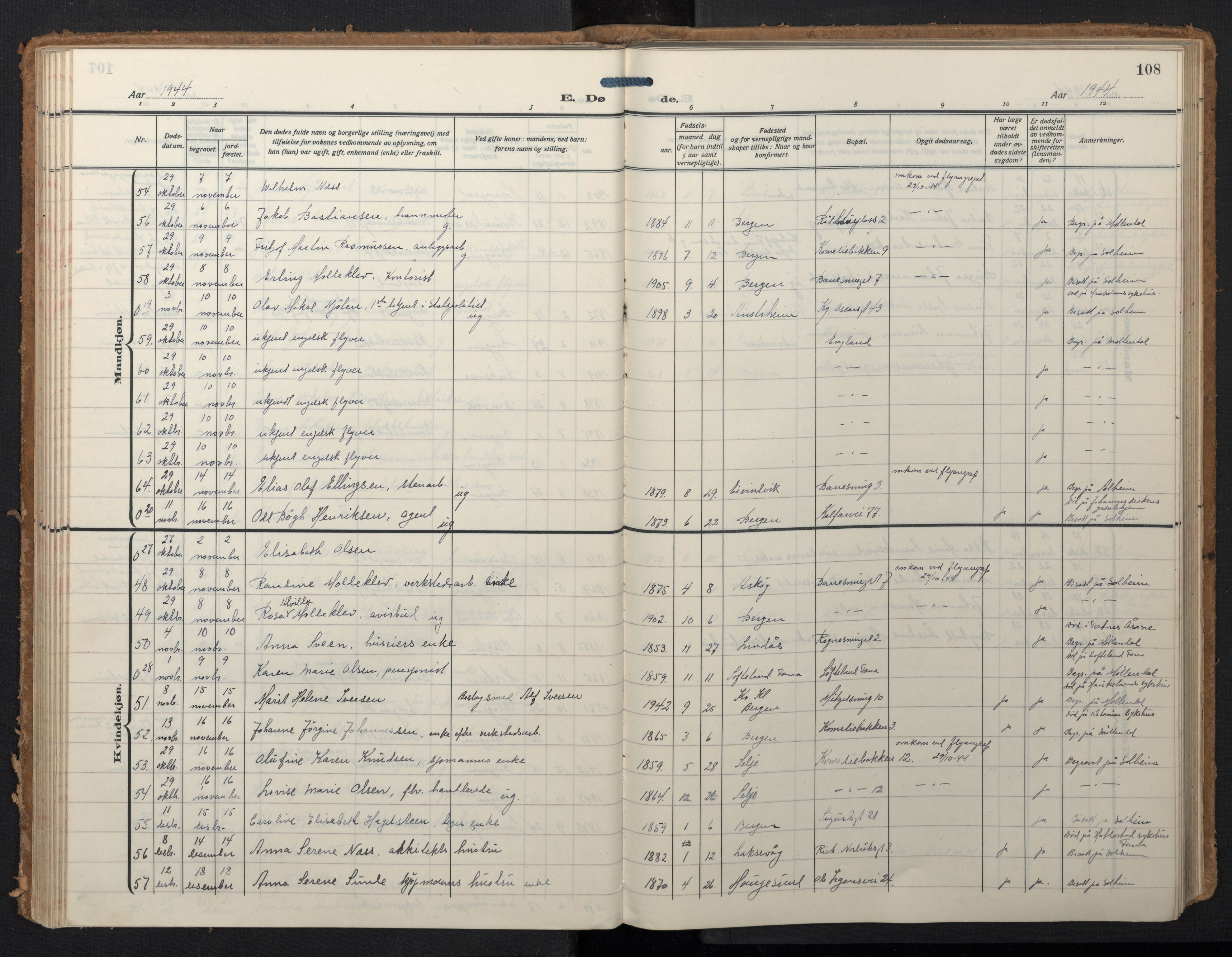 Domkirken sokneprestembete, AV/SAB-A-74801/H/Hab/L0043: Klokkerbok nr. E 7, 1929-1965, s. 107b-108a