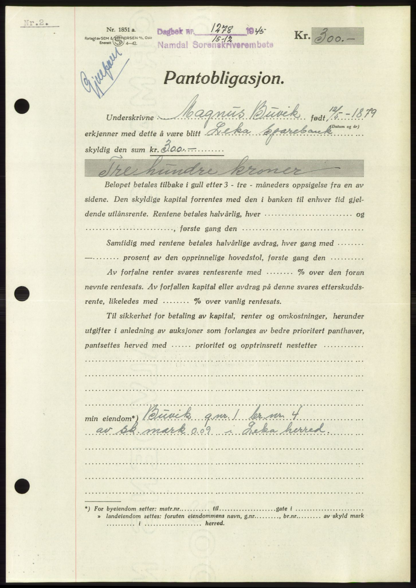 Namdal sorenskriveri, SAT/A-4133/1/2/2C: Pantebok nr. -, 1944-1945, Dagboknr: 1278/1945