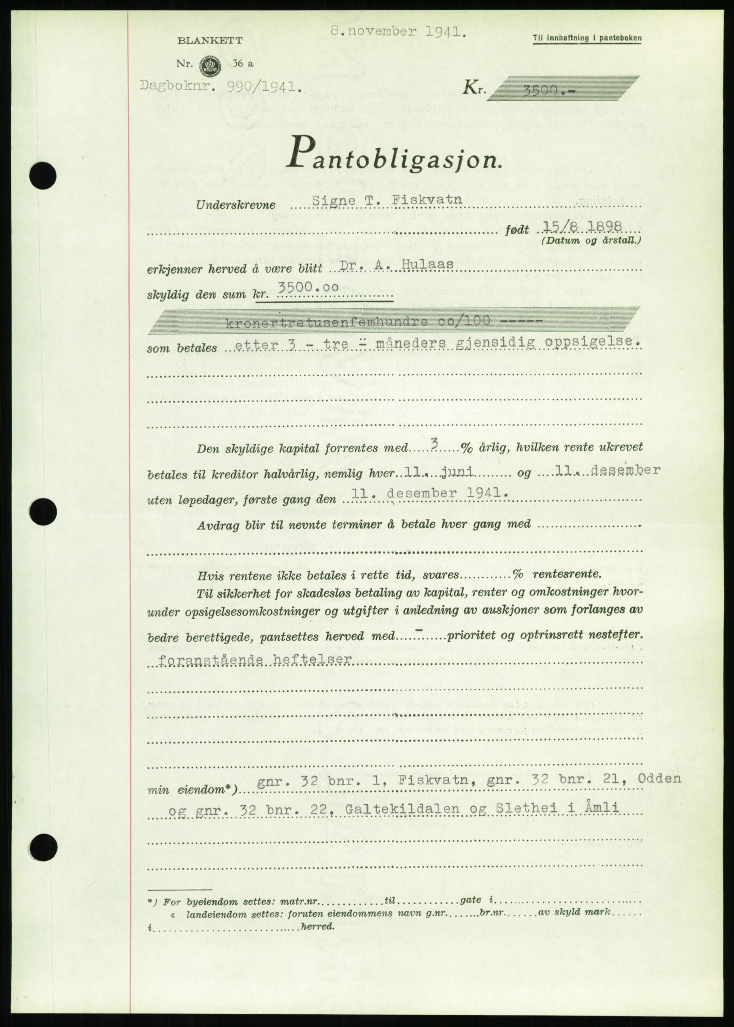 Nedenes sorenskriveri, SAK/1221-0006/G/Gb/Gbb/L0001: Pantebok nr. I, 1939-1942, Dagboknr: 990/1941