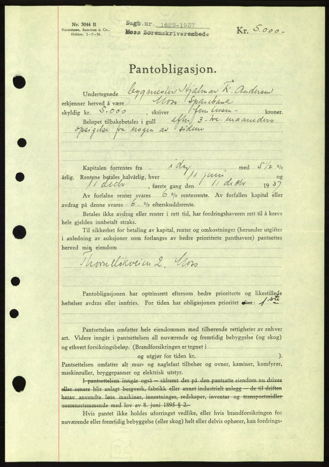 Moss sorenskriveri, SAO/A-10168: Pantebok nr. B4, 1937-1938, Dagboknr: 1629/1937
