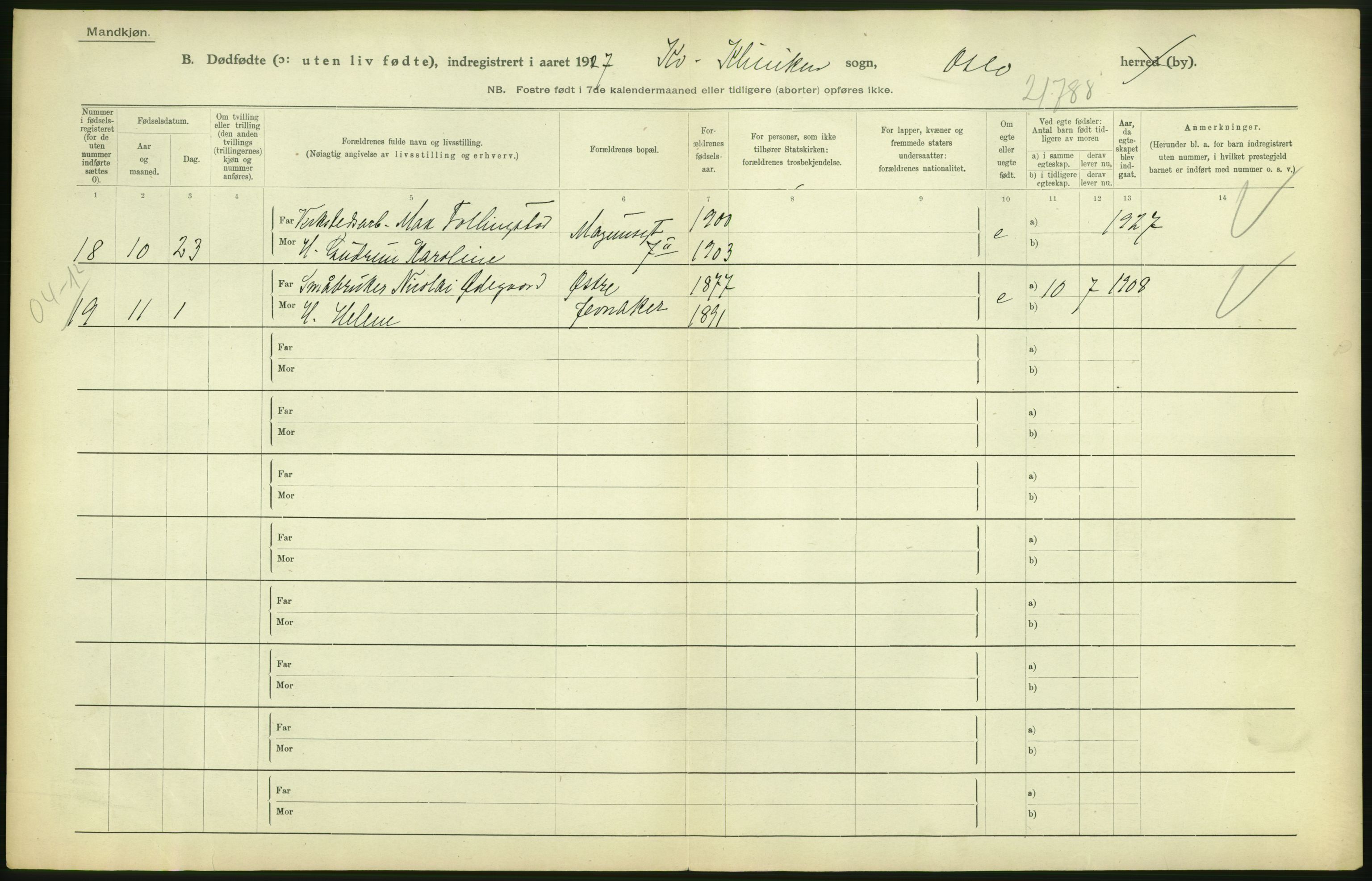 Statistisk sentralbyrå, Sosiodemografiske emner, Befolkning, AV/RA-S-2228/D/Df/Dfc/Dfcg/L0010: Oslo: Døde kvinner, dødfødte, 1927, s. 66