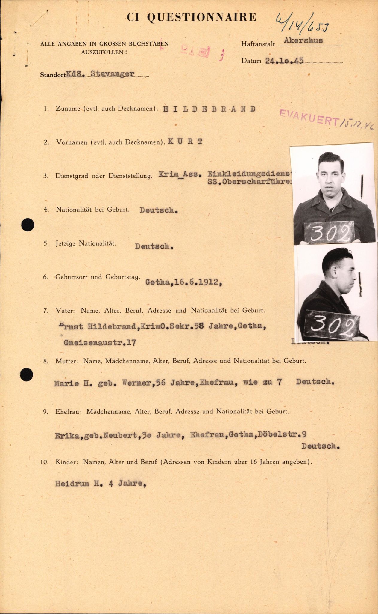 Forsvaret, Forsvarets overkommando II, AV/RA-RAFA-3915/D/Db/L0013: CI Questionaires. Tyske okkupasjonsstyrker i Norge. Tyskere., 1945-1946, s. 191