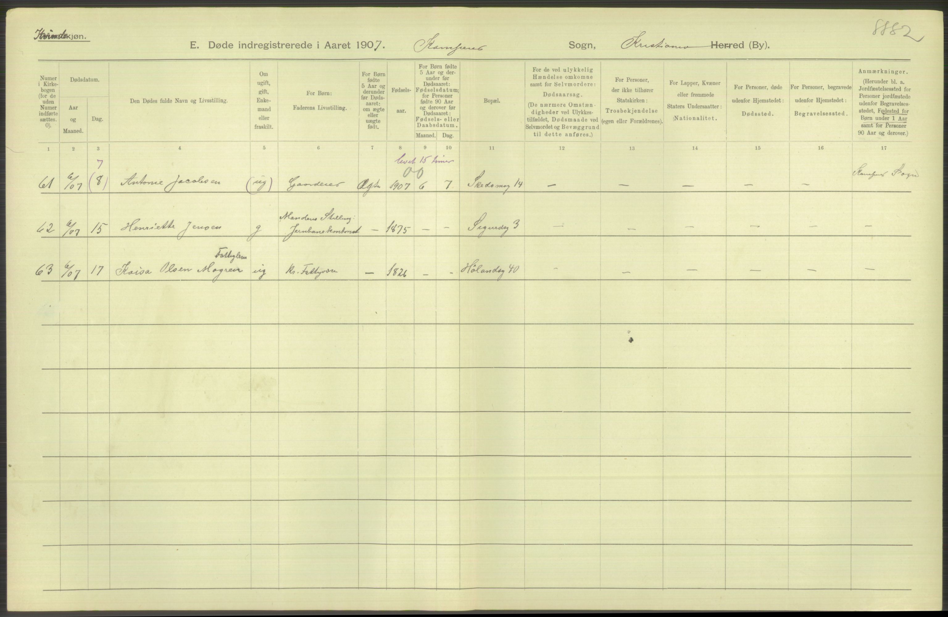 Statistisk sentralbyrå, Sosiodemografiske emner, Befolkning, AV/RA-S-2228/D/Df/Dfa/Dfae/L0009: Kristiania: Døde, 1907, s. 478