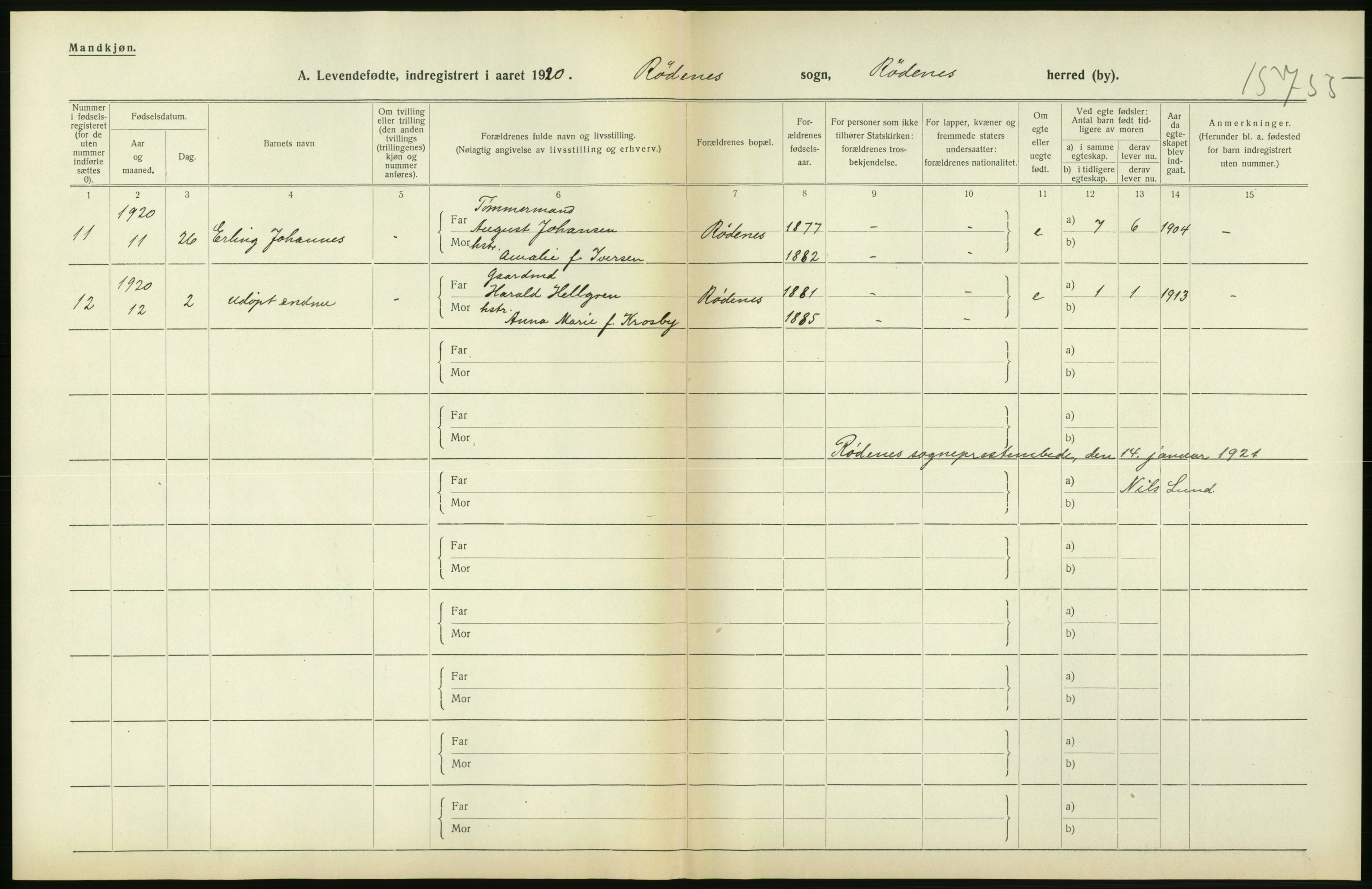 Statistisk sentralbyrå, Sosiodemografiske emner, Befolkning, RA/S-2228/D/Df/Dfb/Dfbj/L0001: Østfold fylke: Levendefødte menn og kvinner. Bygder., 1920, s. 282