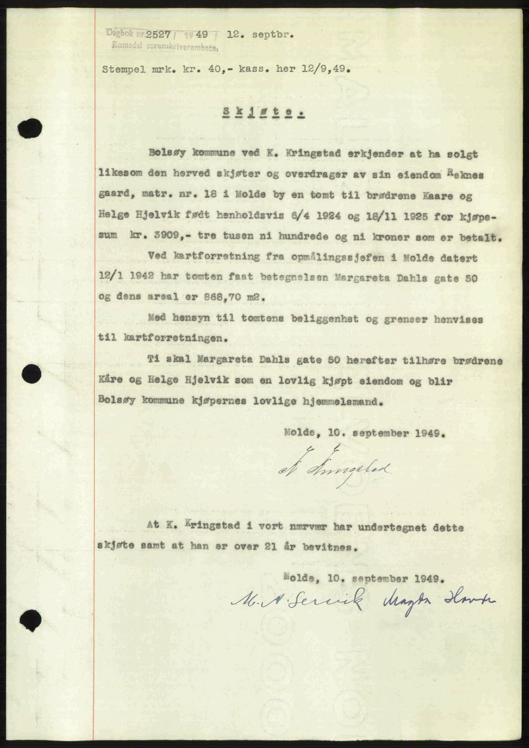 Romsdal sorenskriveri, SAT/A-4149/1/2/2C: Pantebok nr. A30, 1949-1949, Dagboknr: 2527/1949